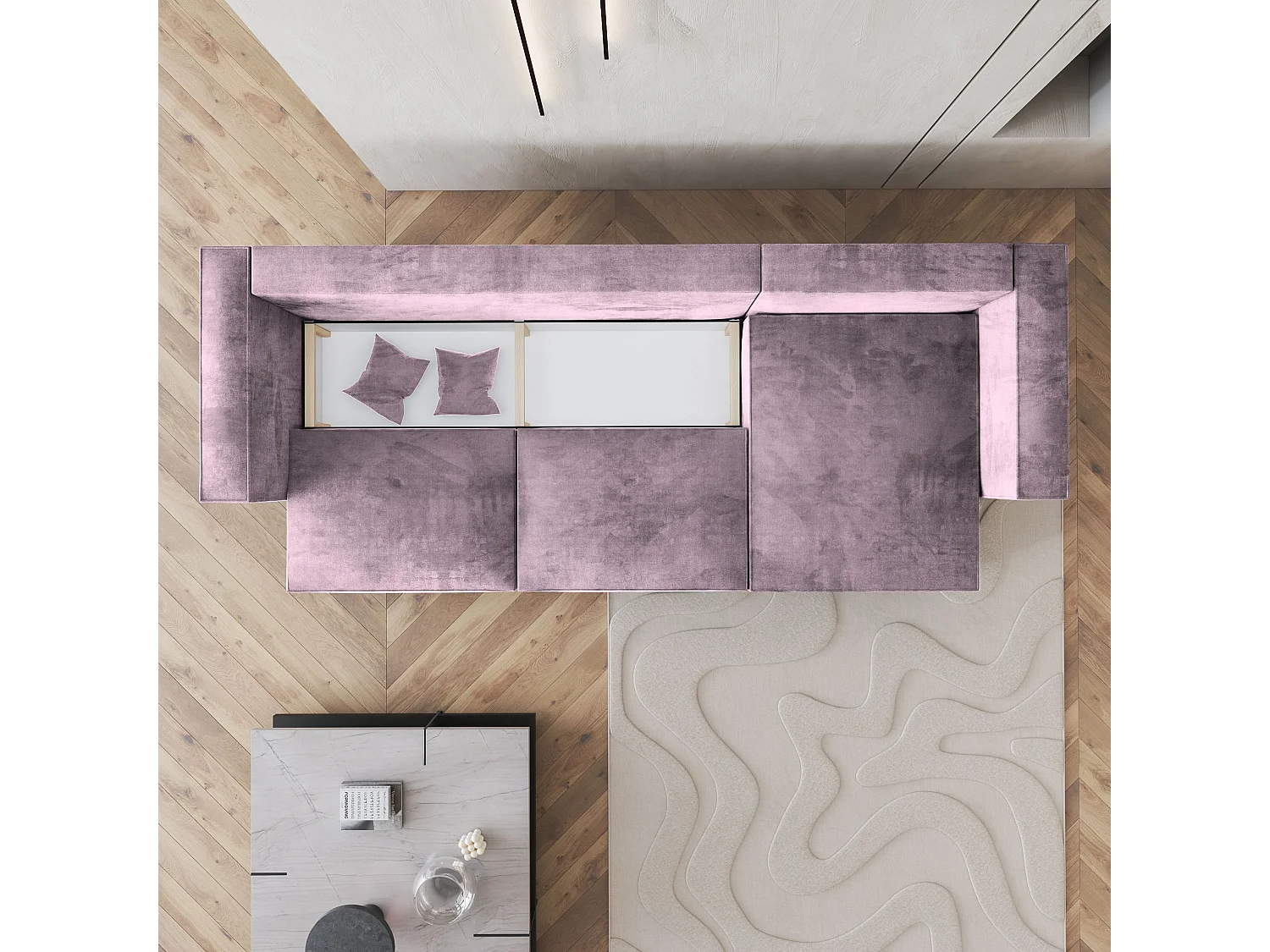 Canapé d'angle TOLMO Parme en velours avec fonction de couchage