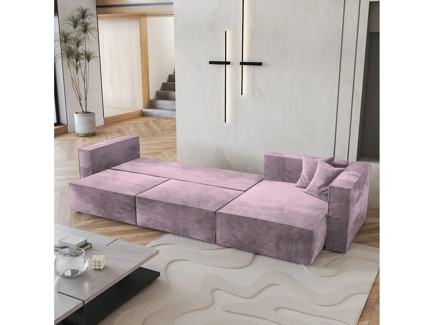 Canapé d'angle TOLMO Parme en velours avec fonction de couchage