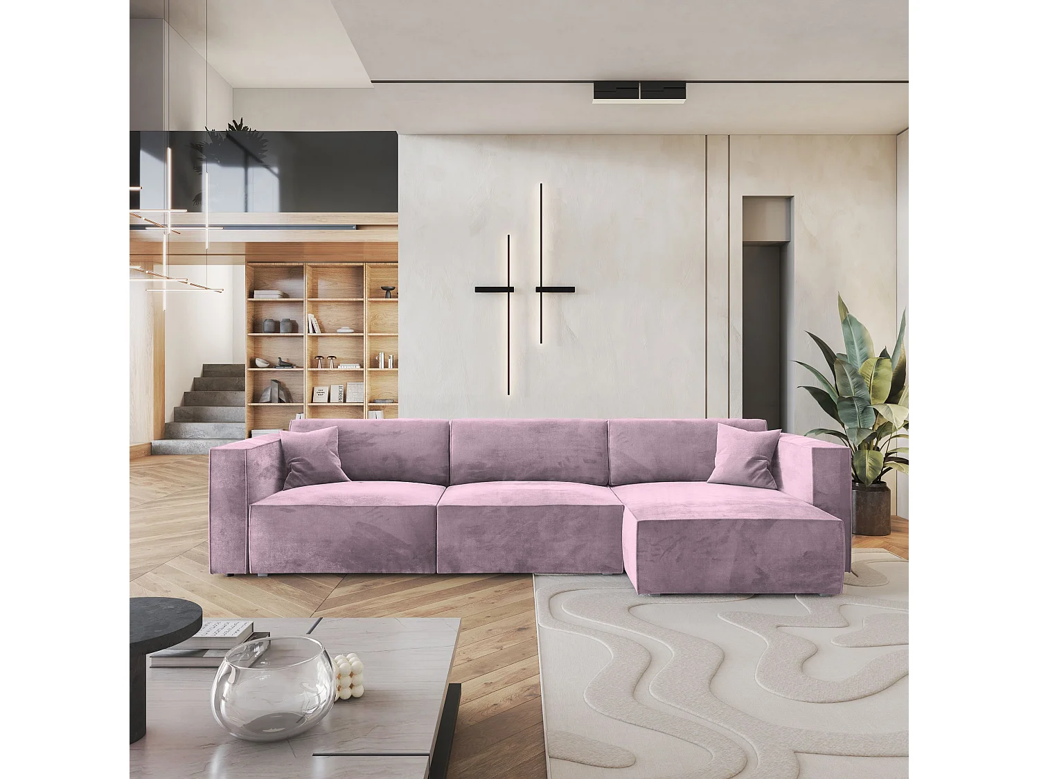 Canapé d'angle TOLMO Parme en velours avec fonction de couchage