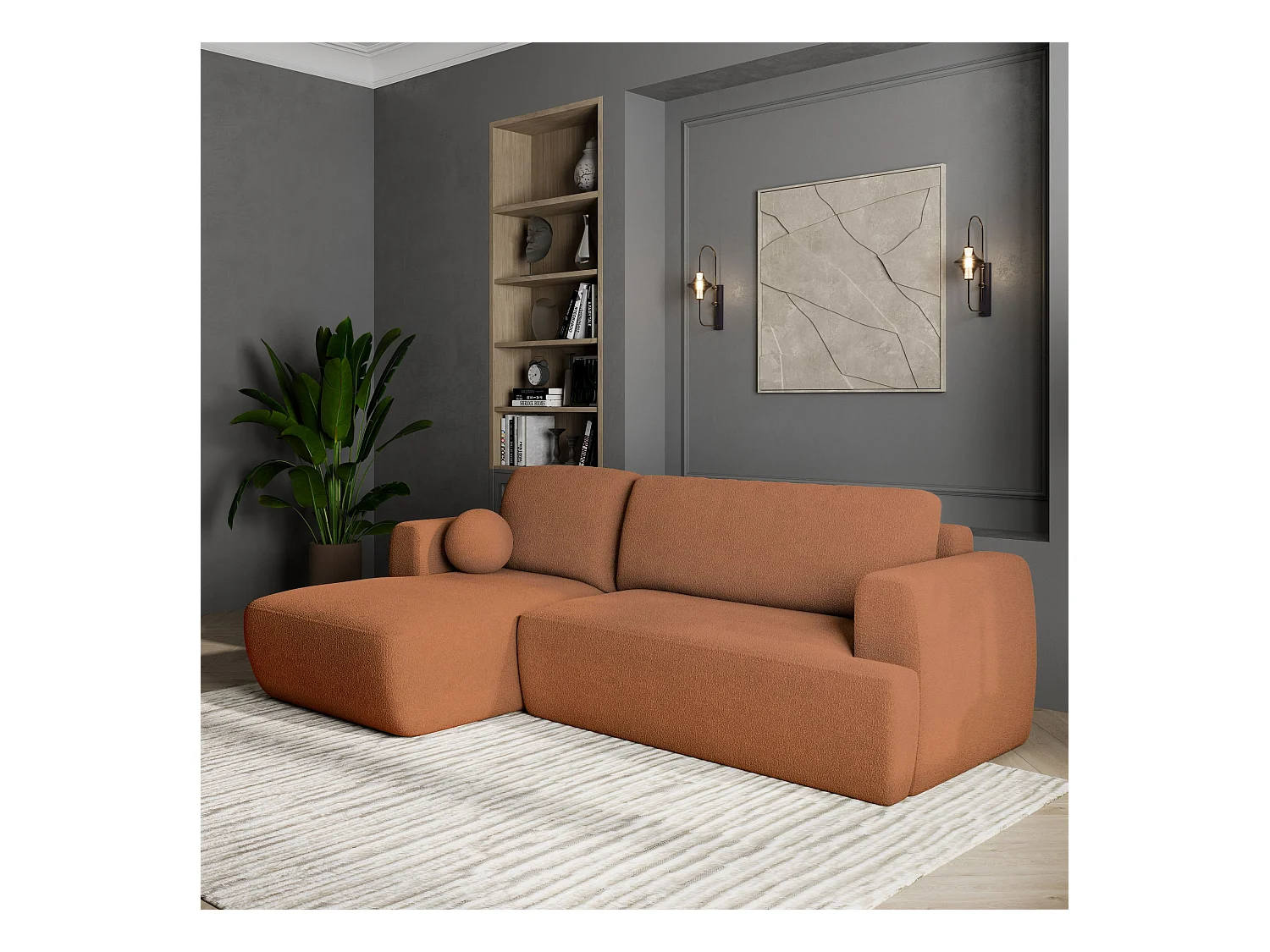 Canapé d'angle SENTI Terracotta en bouclé avec fonction de couchage