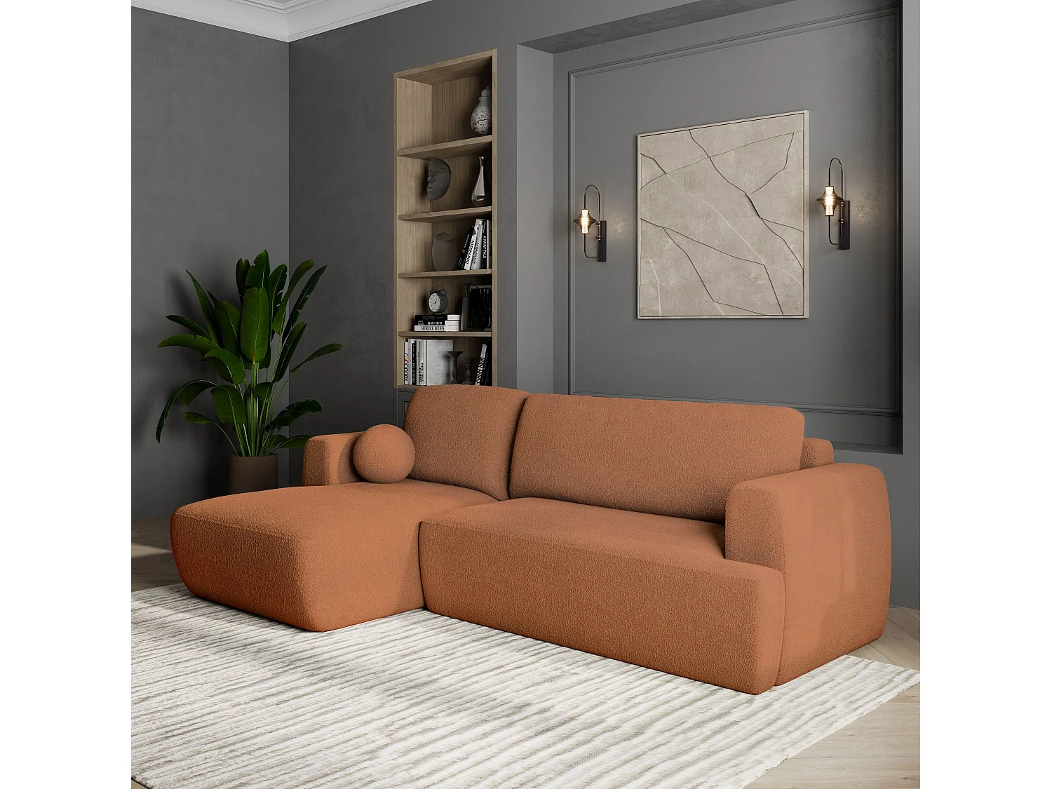 Canapé d'angle SENTI Terracotta en bouclé avec fonction de couchage