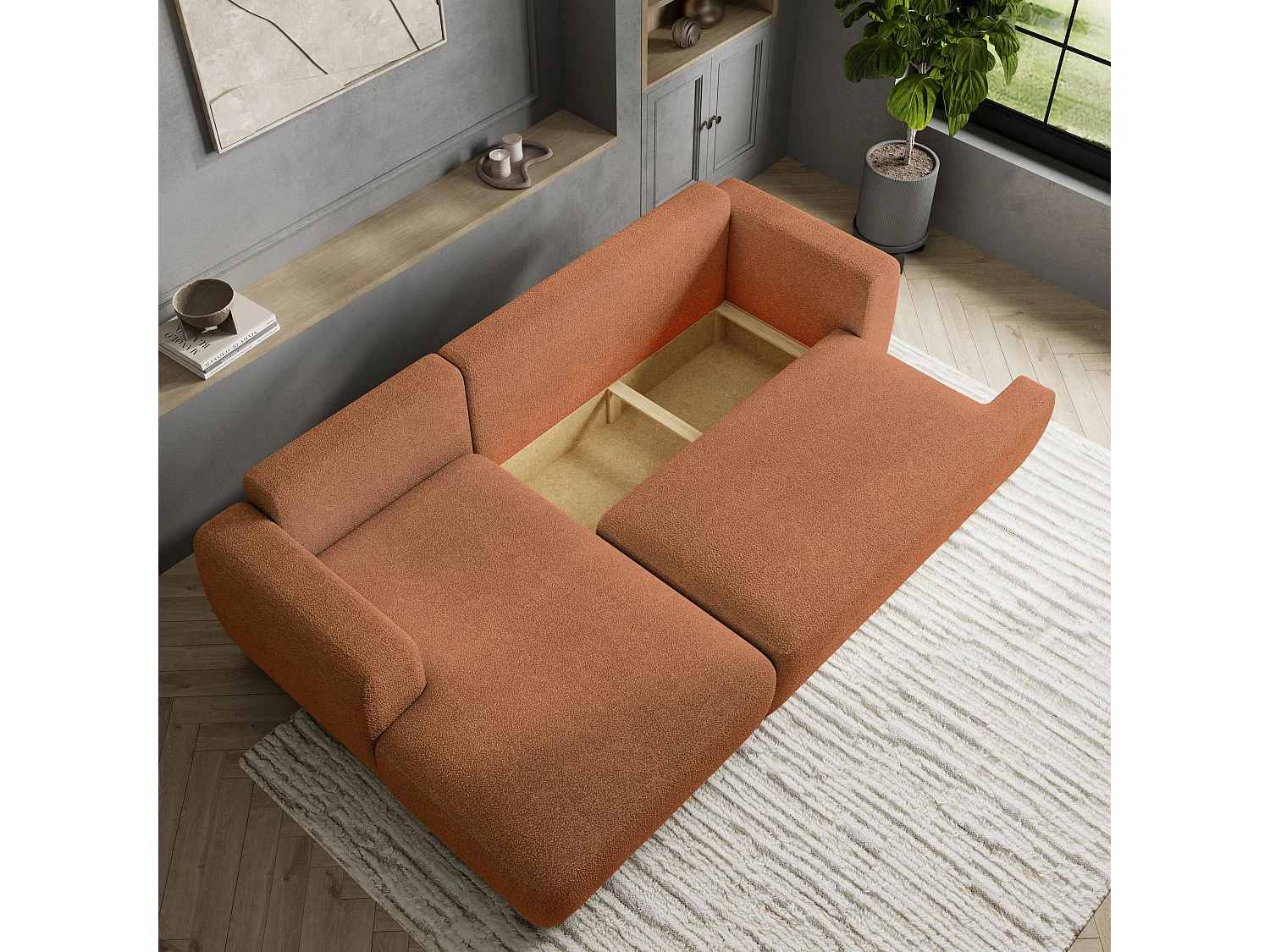 Canapé d'angle SENTI Terracotta en bouclé avec fonction de couchage