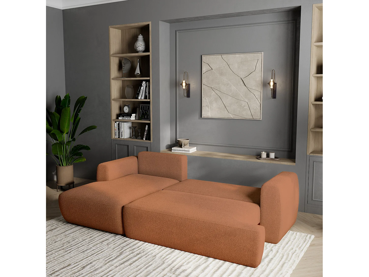 Canapé d'angle SENTI Terracotta en bouclé avec fonction de couchage