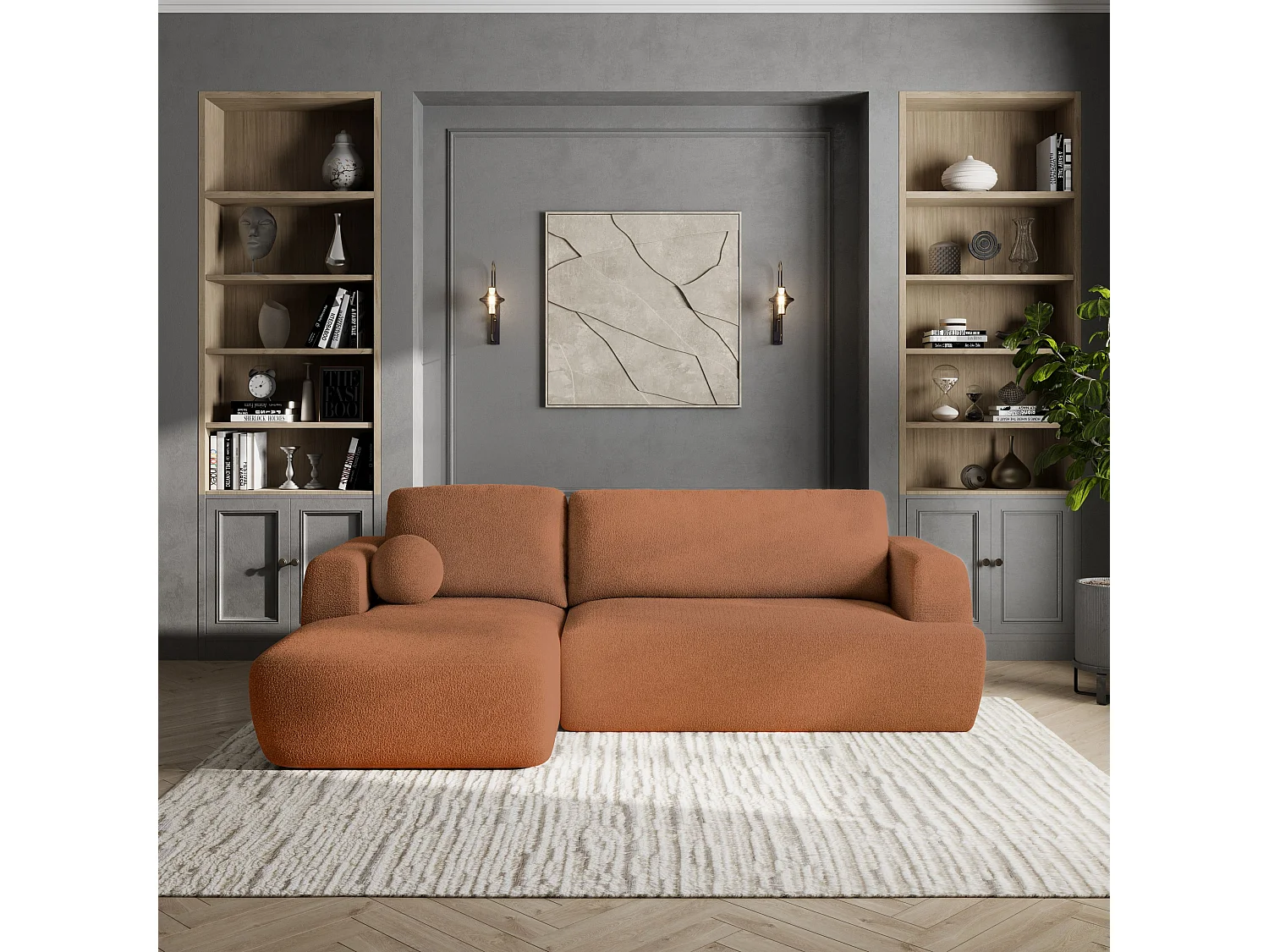 Canapé d'angle SENTI Terracotta en bouclé avec fonction de couchage