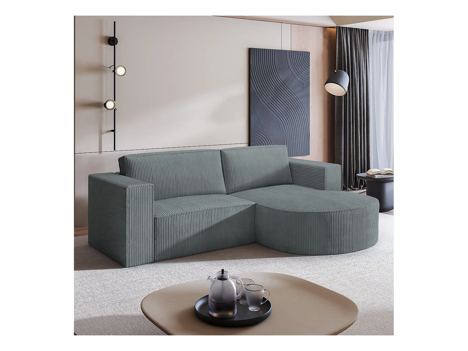 Canapé d'angle SORELA Gris en velours côtelé avec fonction de couchage