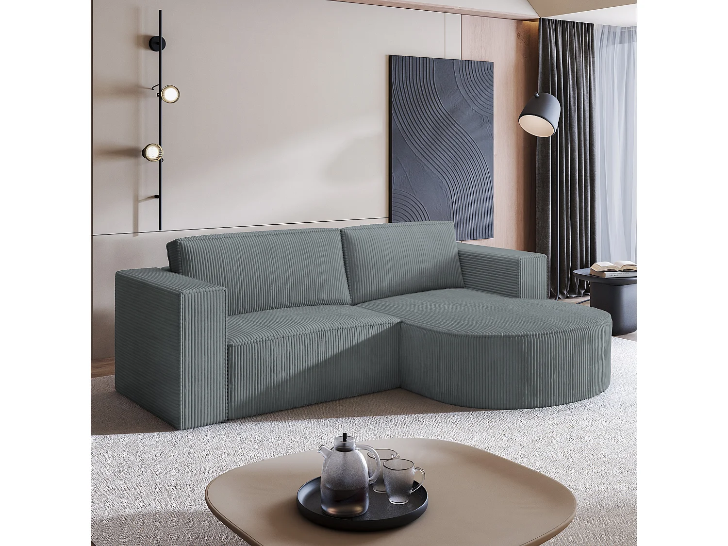 Canapé d'angle SORELA Gris en velours côtelé avec fonction de couchage