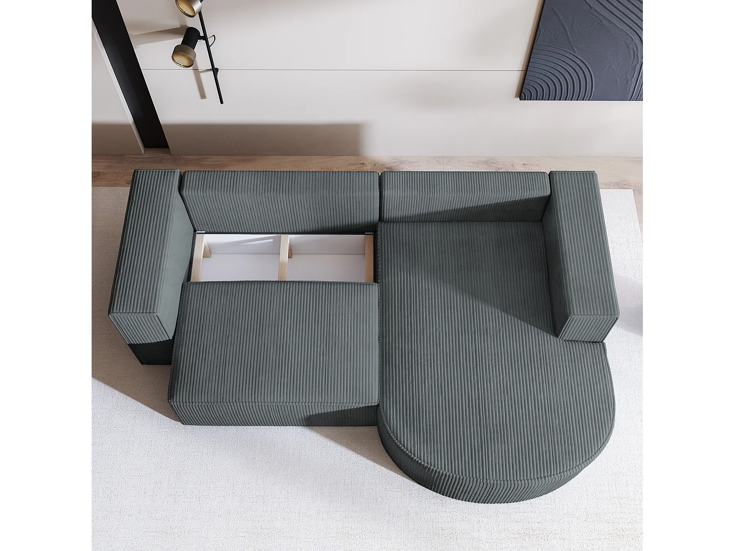 Canapé d'angle SORELA Gris en velours côtelé avec fonction de couchage