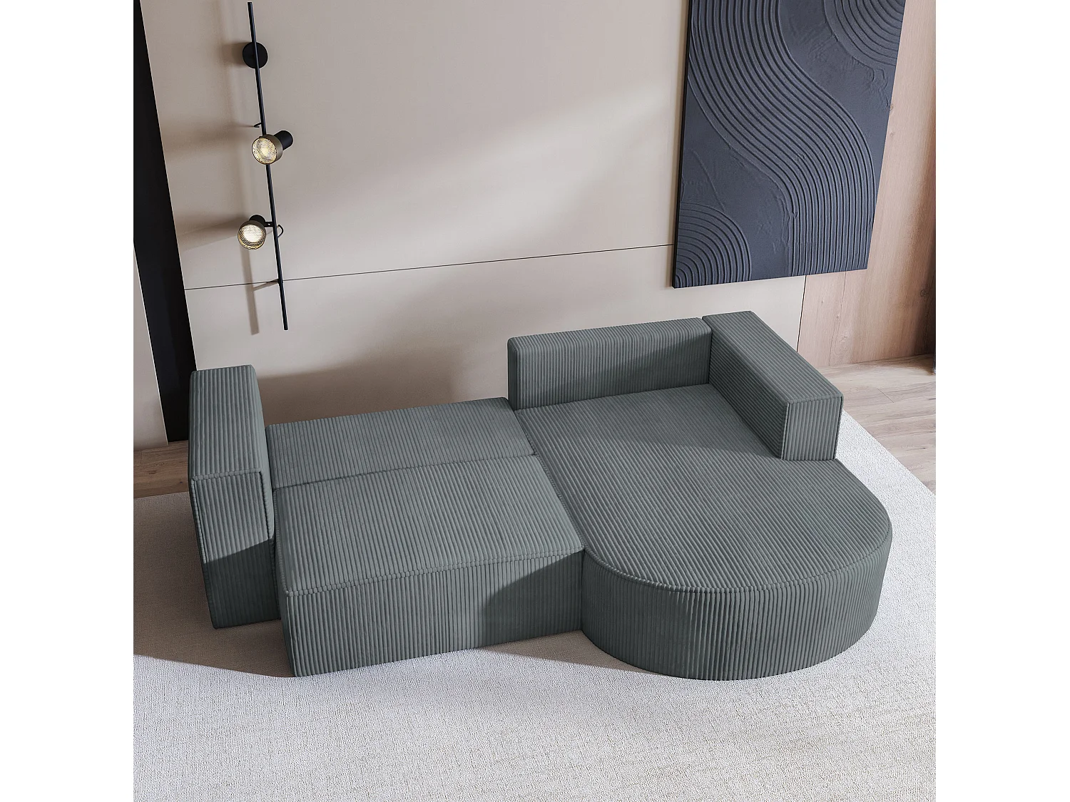 Canapé d'angle SORELA Gris en velours côtelé avec fonction de couchage