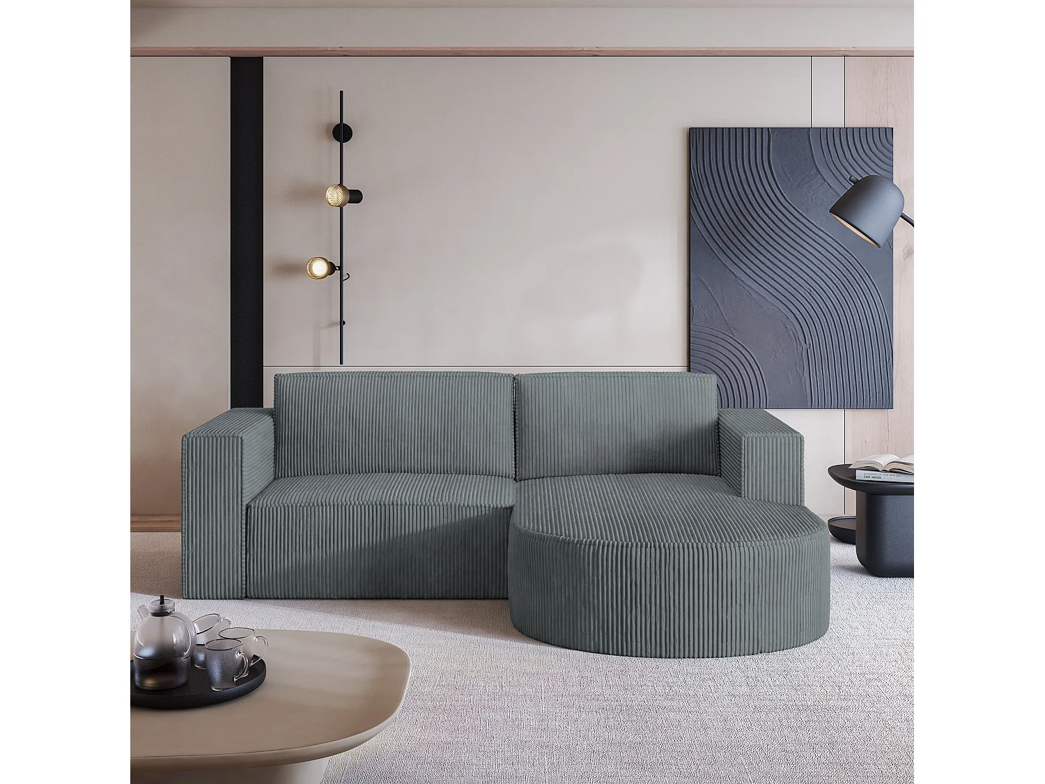 Canapé d'angle SORELA Gris en velours côtelé avec fonction de couchage