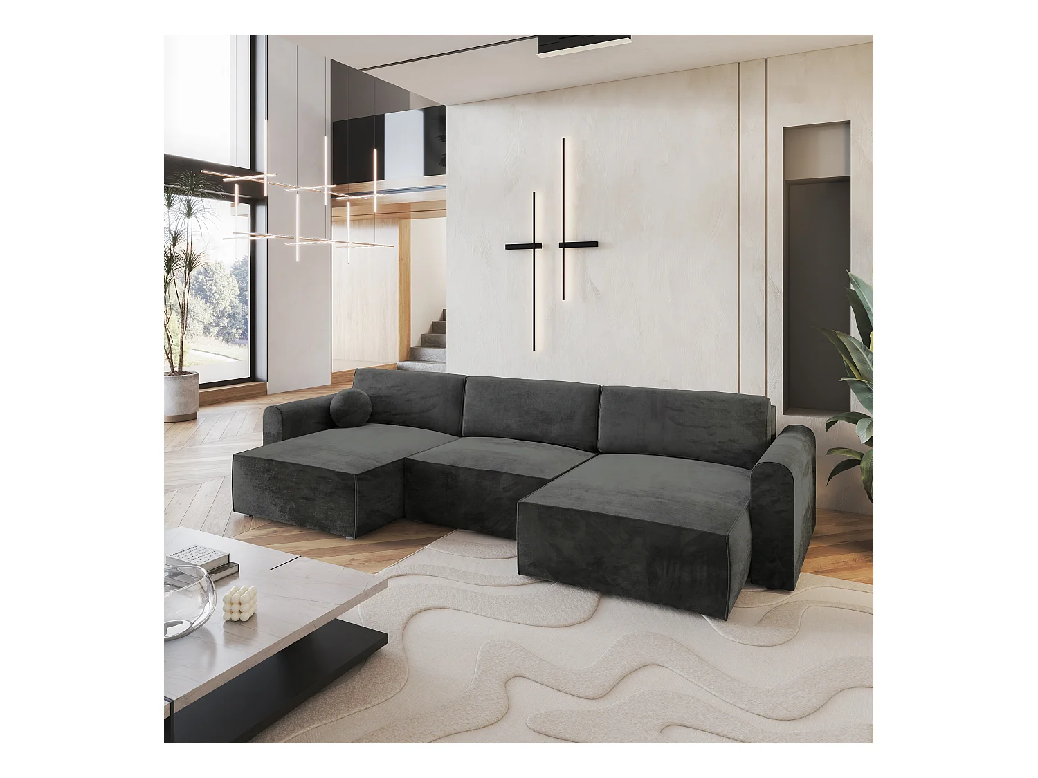 Canapé d'angle FENTO Noir en velours avec fonction de couchage