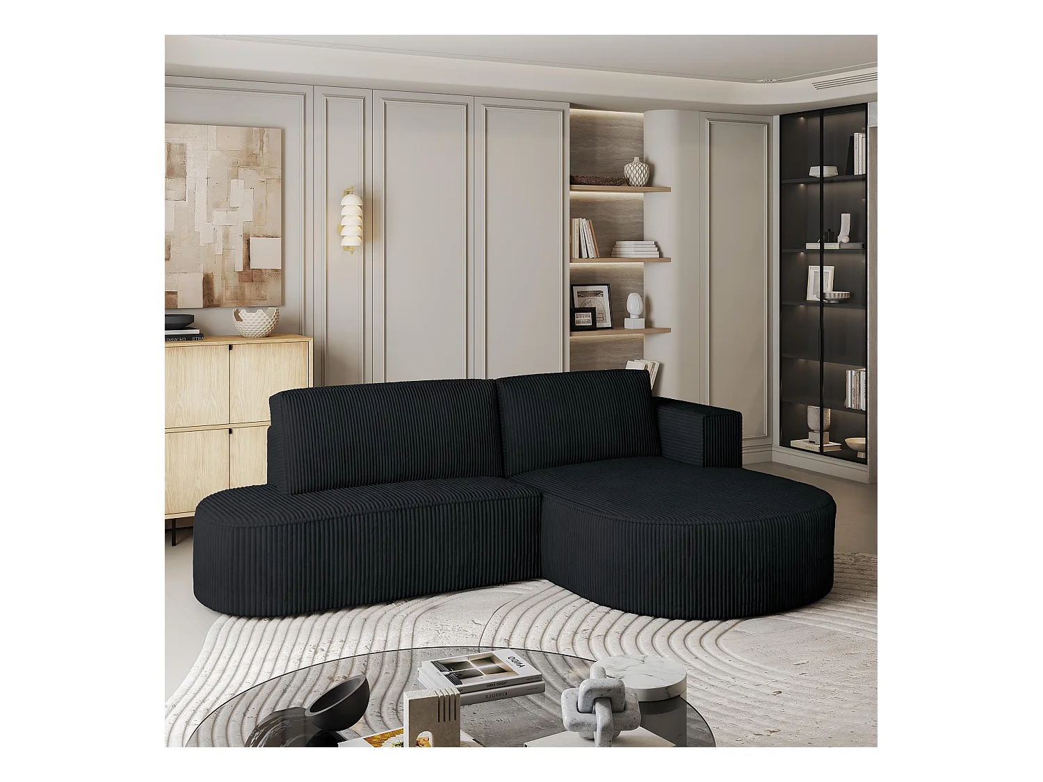 Canapé d'angle CORTIO Noir en velours côtelé avec fonction de couchage