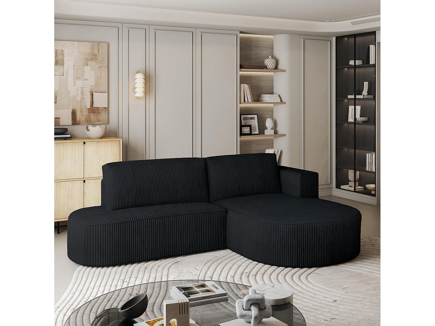 Canapé d'angle CORTIO Noir en velours côtelé avec fonction de couchage