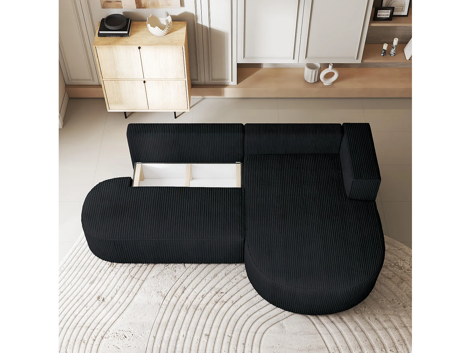 Canapé d'angle CORTIO Noir en velours côtelé avec fonction de couchage