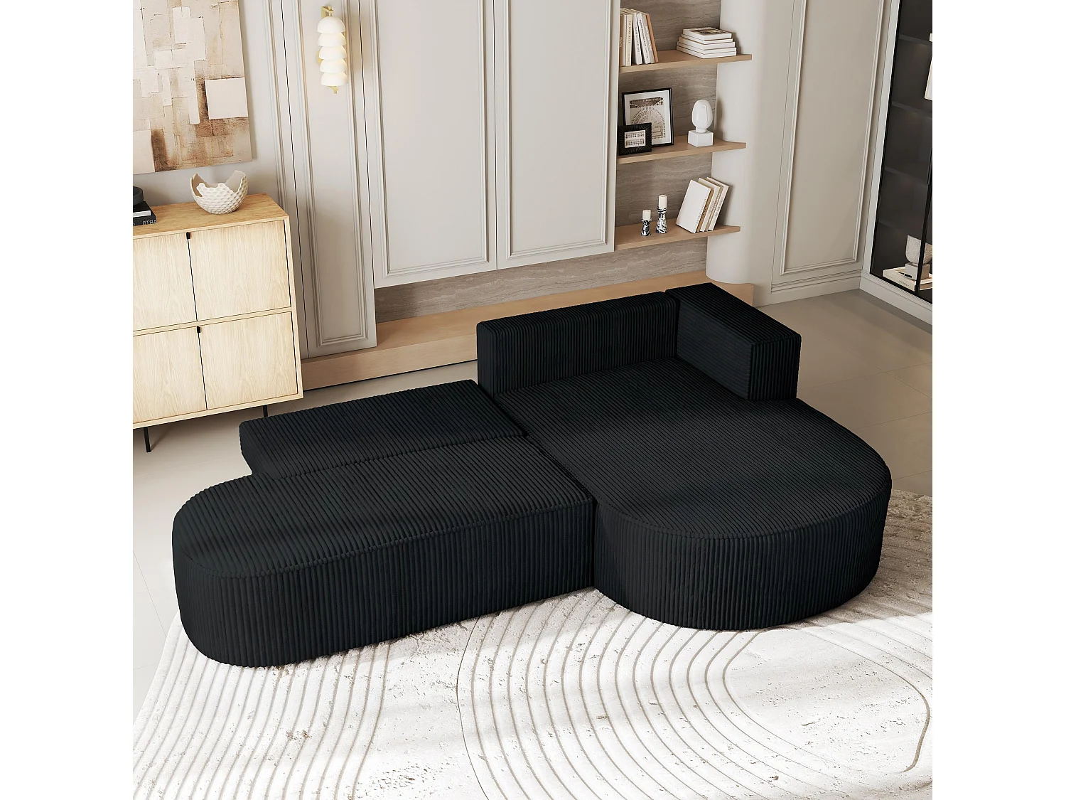 Canapé d'angle CORTIO Noir en velours côtelé avec fonction de couchage