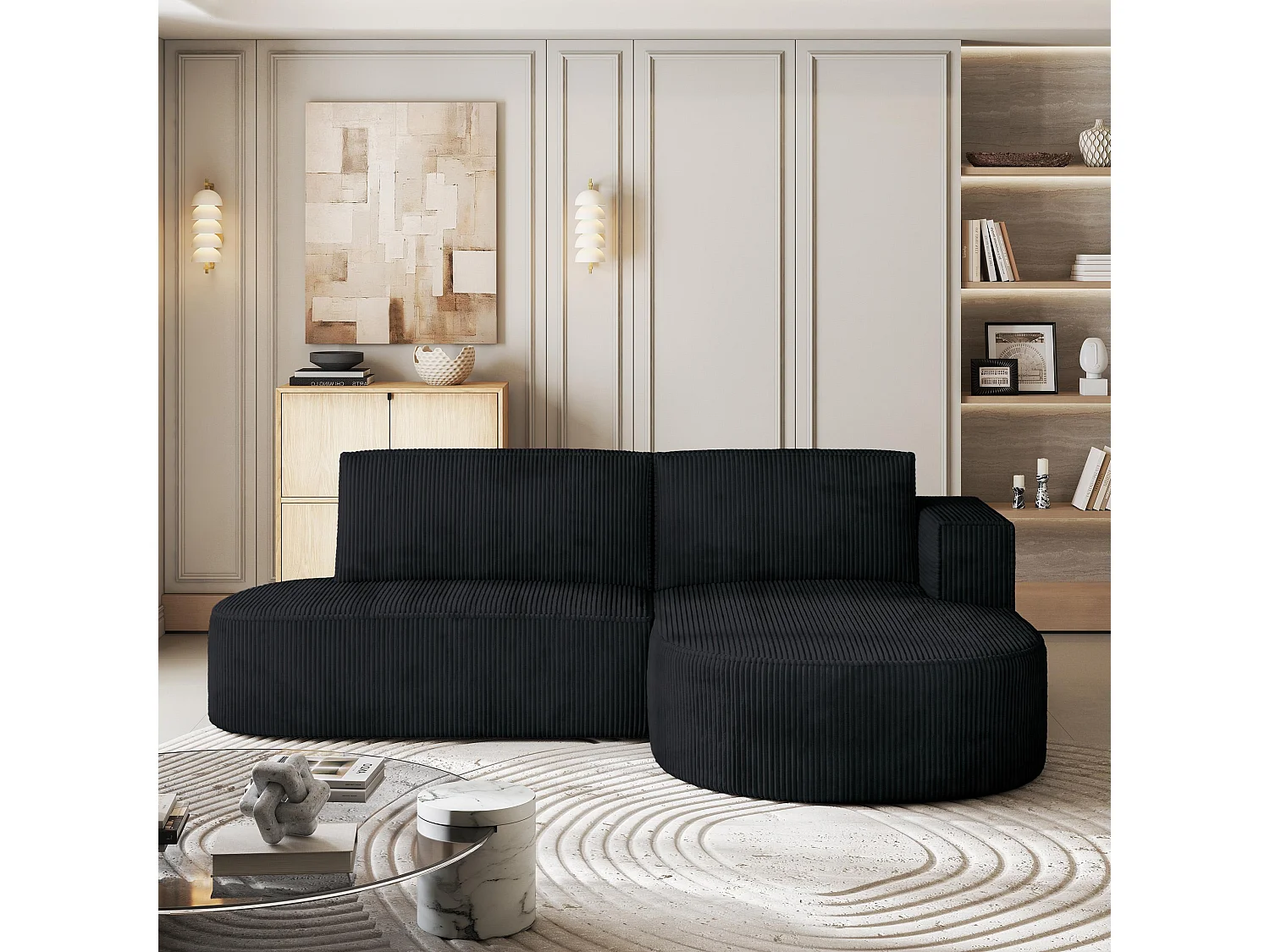 Canapé d'angle CORTIO Noir en velours côtelé avec fonction de couchage