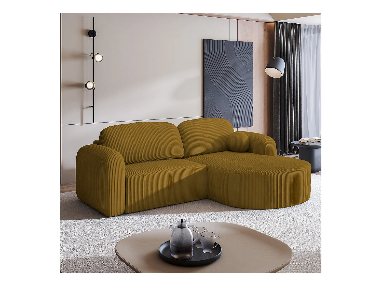 Canapé d'angle AMILIA Jaune en velours côtelé avec fonction de couchage