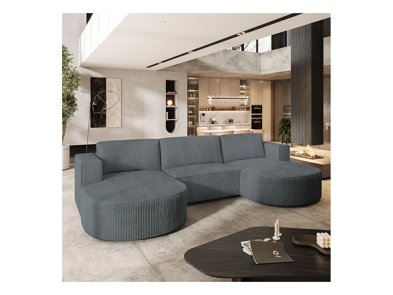 Canapé d'angle VEZZO Gris en velours côtelé avec fonction de couchage