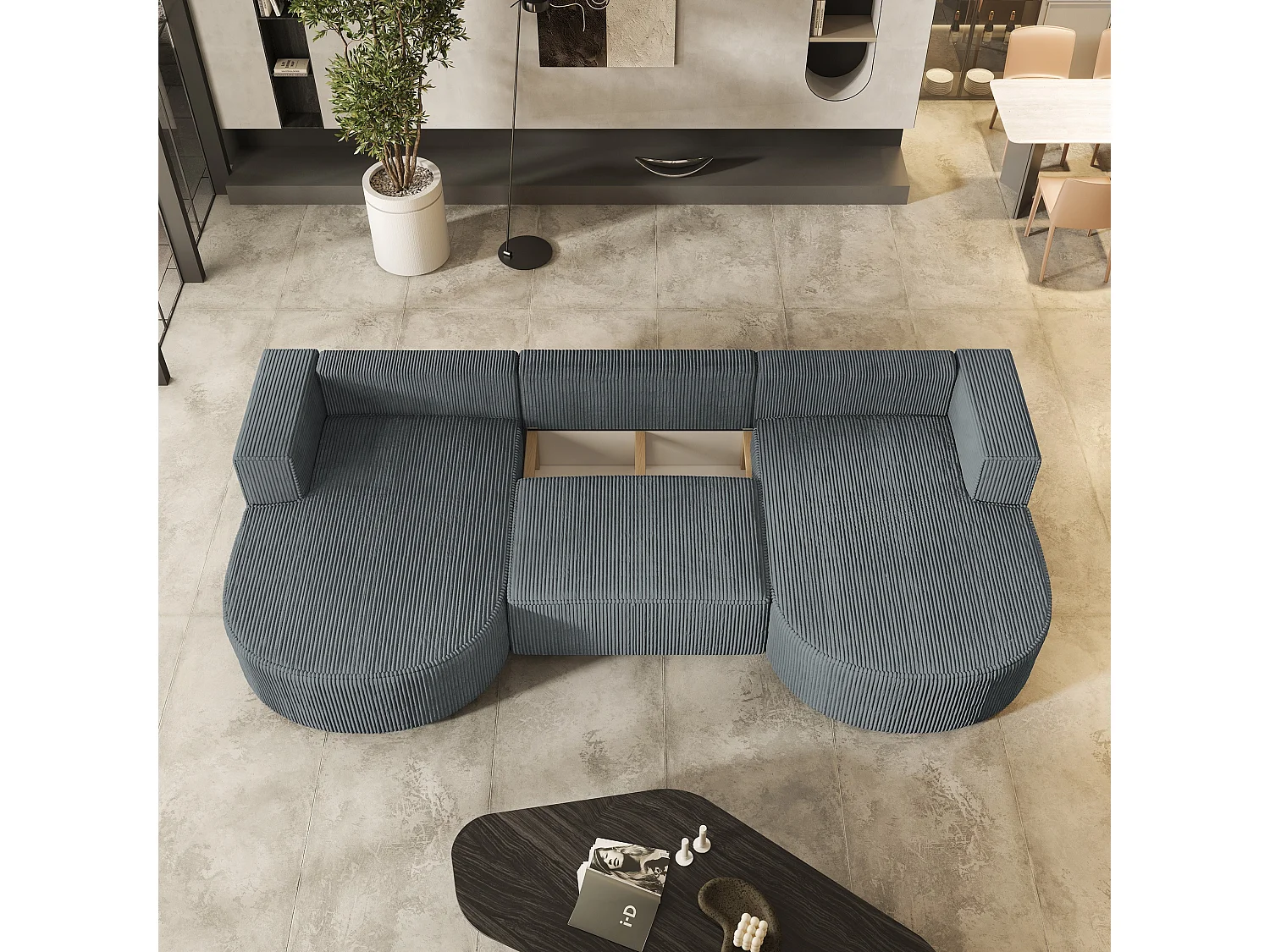 Canapé d'angle VEZZO Gris en velours côtelé avec fonction de couchage