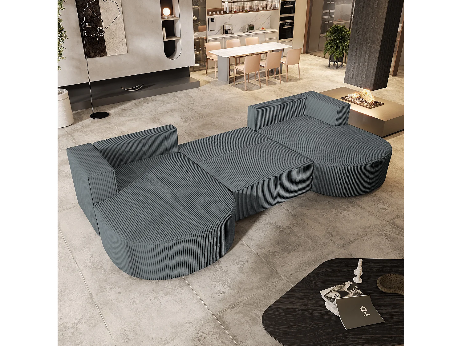 Canapé d'angle VEZZO Gris en velours côtelé avec fonction de couchage