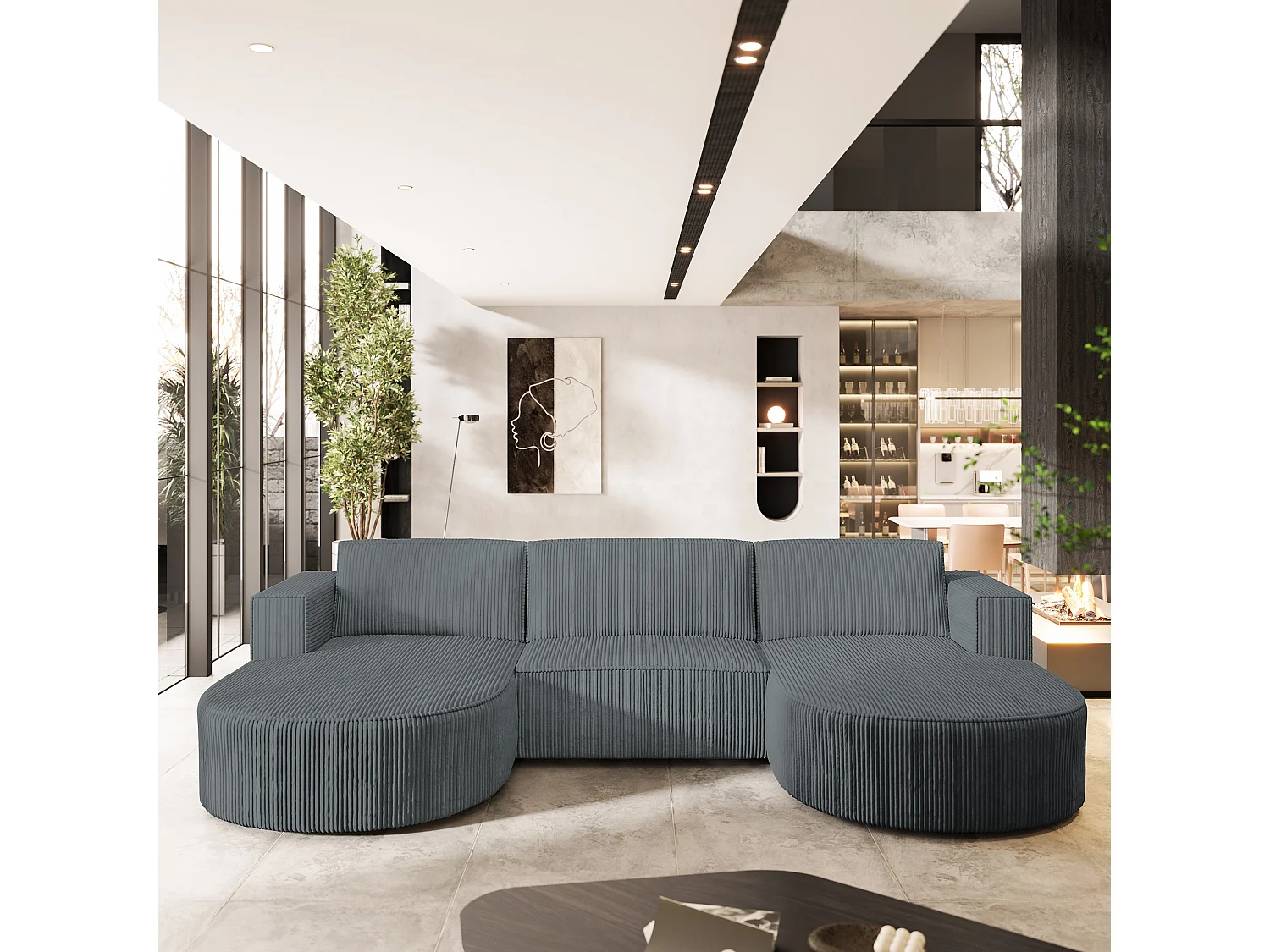 Canapé d'angle VEZZO Gris en velours côtelé avec fonction de couchage