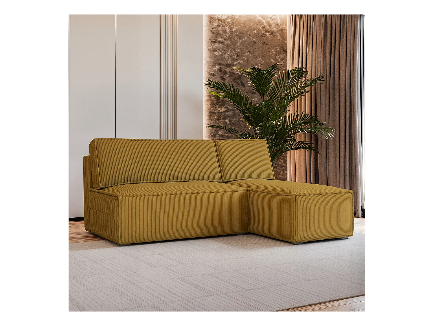 Canapé d'angle BRISO Jaune en velours côtelé avec fonction de couchage