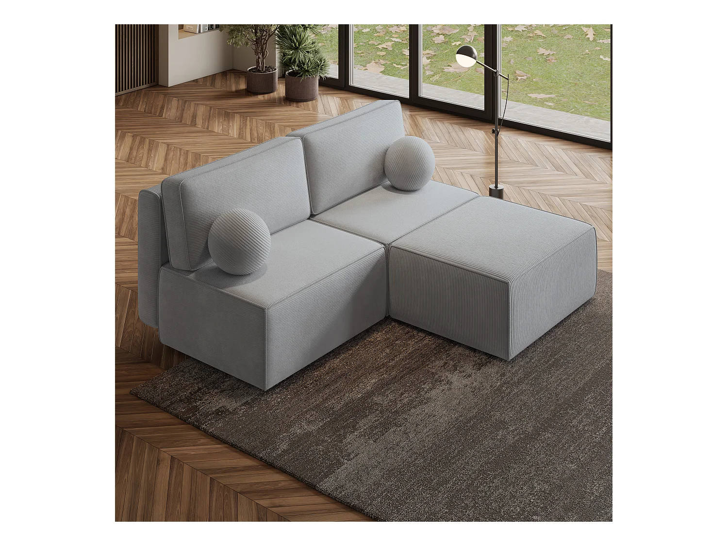 Canapé d'angle VARNA Gris clair en velours côtelé avec fonction de couchage