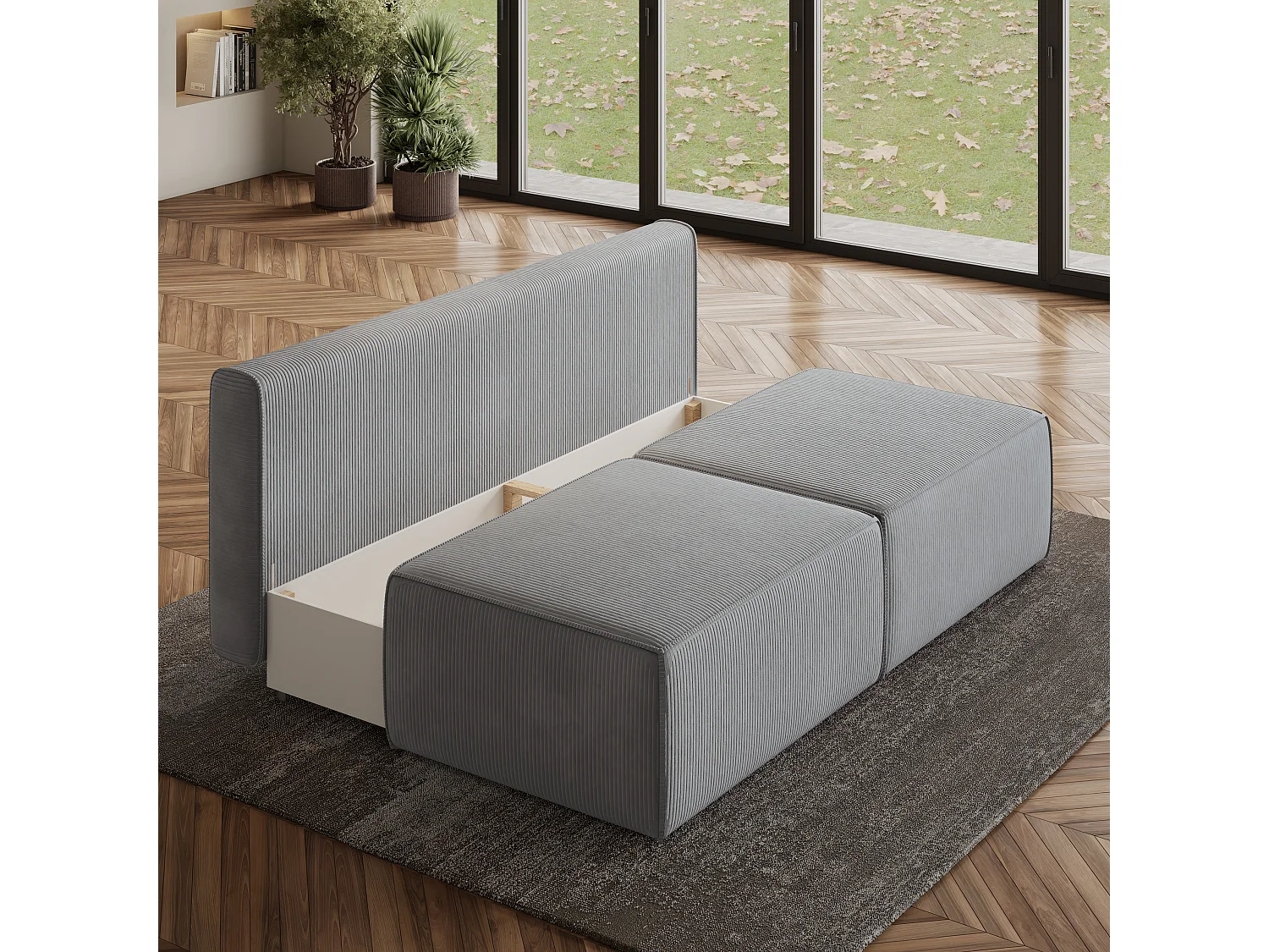 Canapé d'angle VARNA Gris clair en velours côtelé avec fonction de couchage