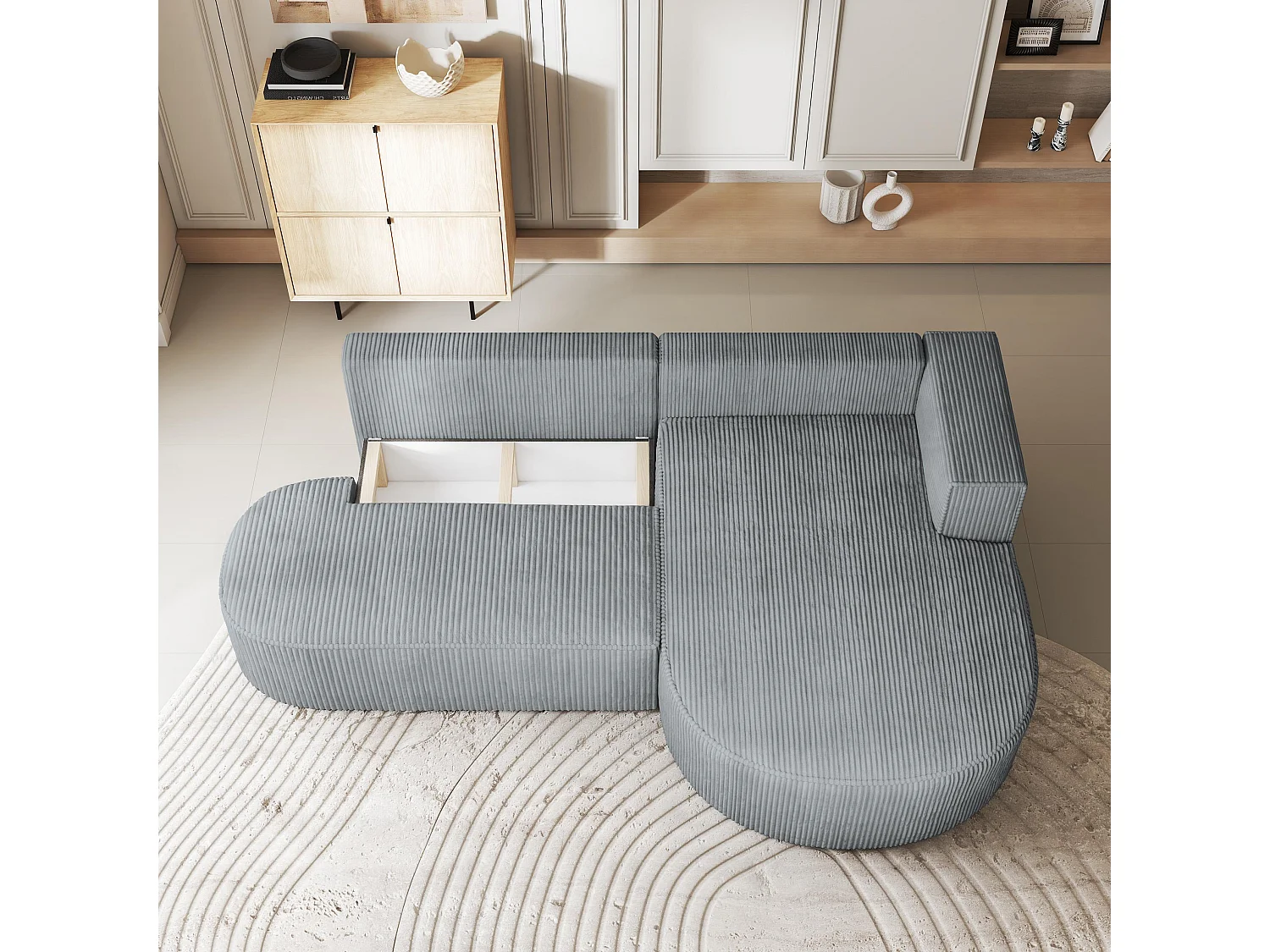 Canapé d'angle CORTIO Gris clair en velours côtelé avec fonction de couchage