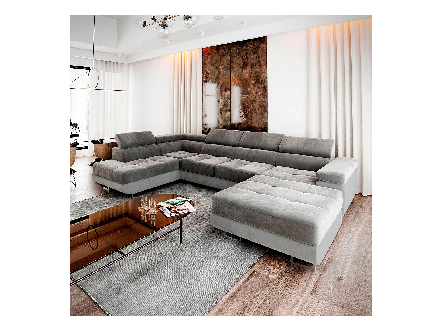 Canapé d'angle CASONE Gris en velours avec fonction de couchage