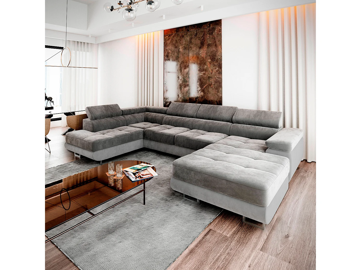 Canapé d'angle CASONE Gris en velours avec fonction de couchage