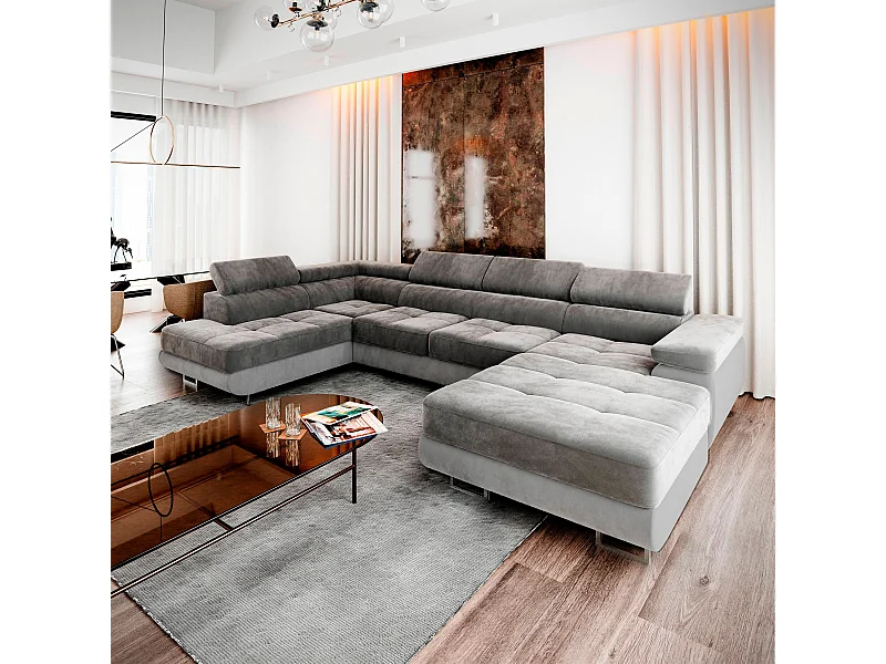 Canapé d'angle CASONE Gris en velours avec fonction de couchage