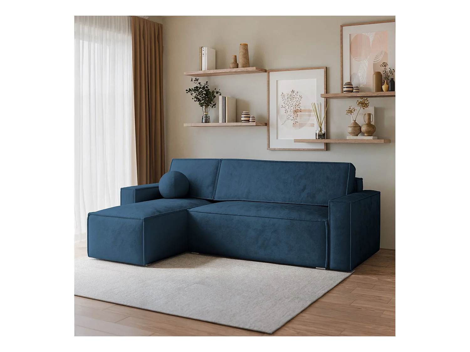 Canapé d'angle RAVELO Bleu en velours avec fonction de couchage