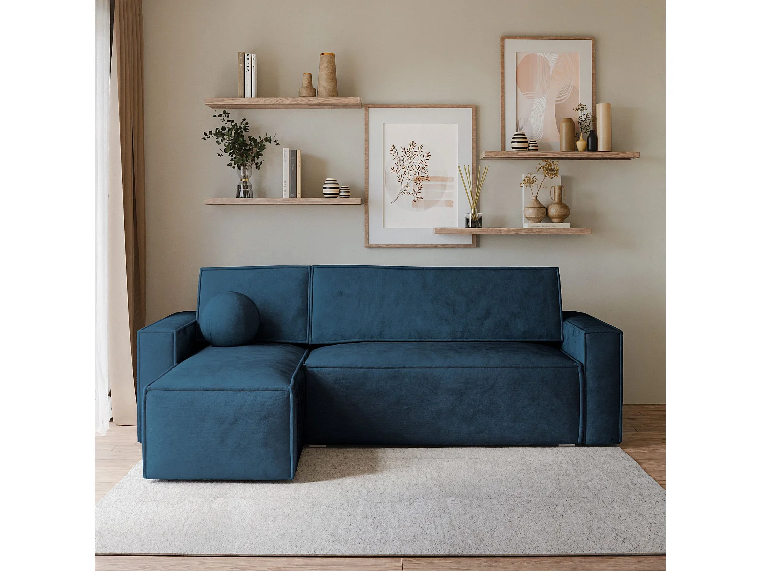 Canapé d'angle RAVELO Bleu en velours avec fonction de couchage