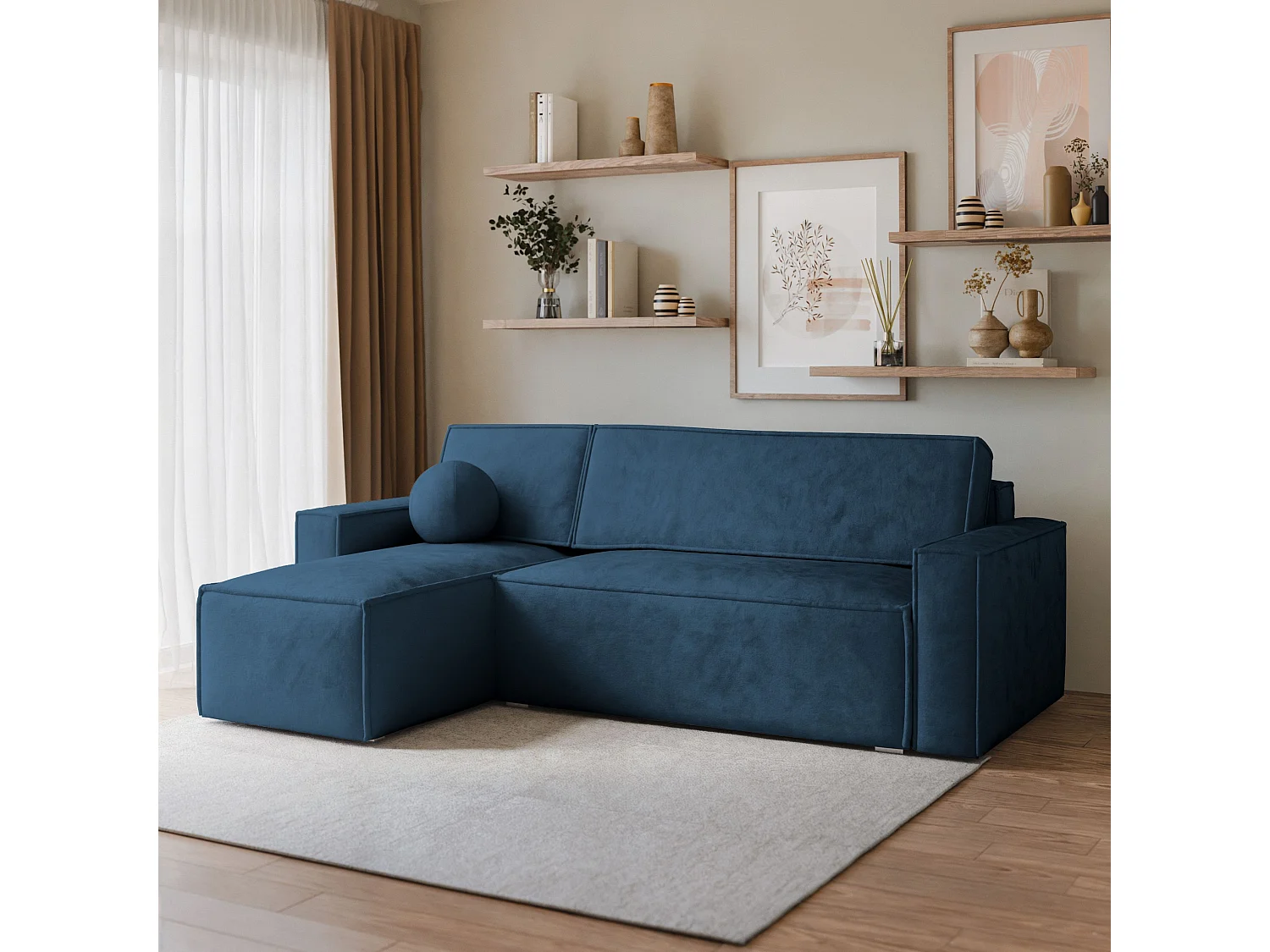 Canapé d'angle RAVELO Bleu en velours avec fonction de couchage