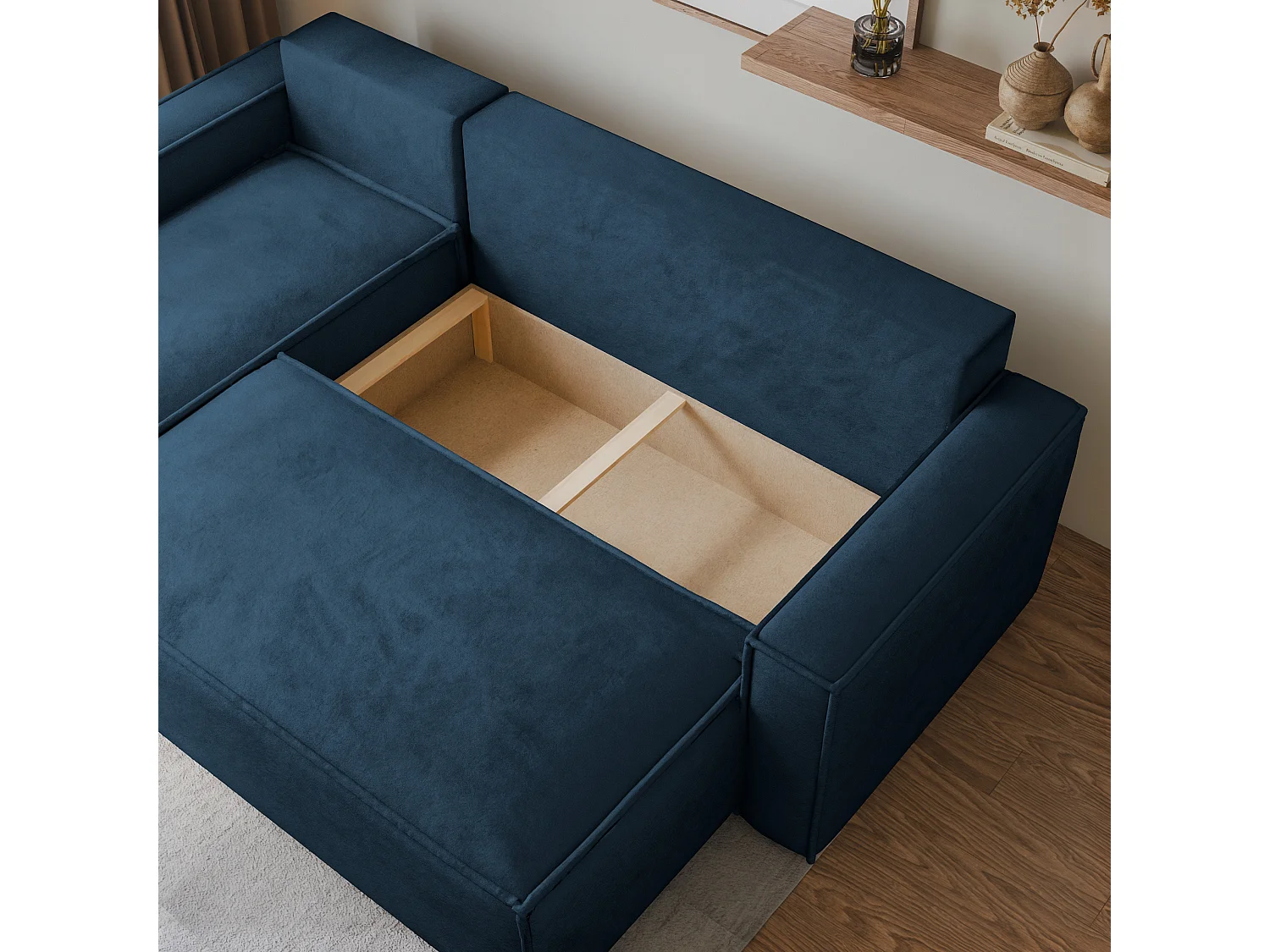 Canapé d'angle RAVELO Bleu en velours avec fonction de couchage