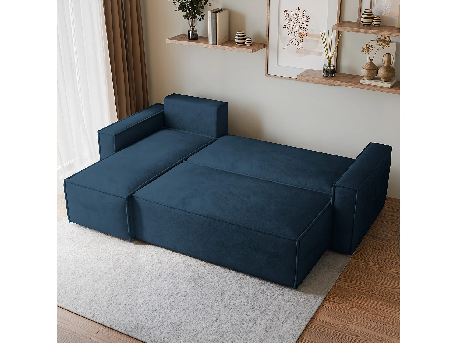 Canapé d'angle RAVELO Bleu en velours avec fonction de couchage