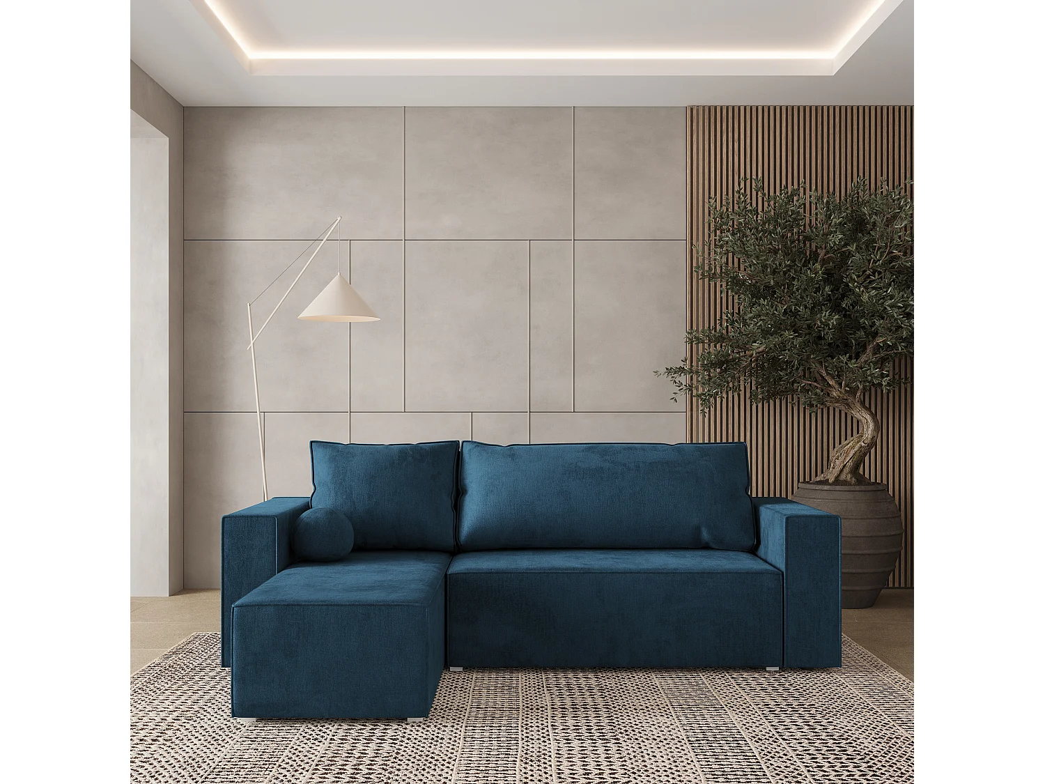 Canapé d'angle RAVELO Bleu en velours avec fonction de couchage