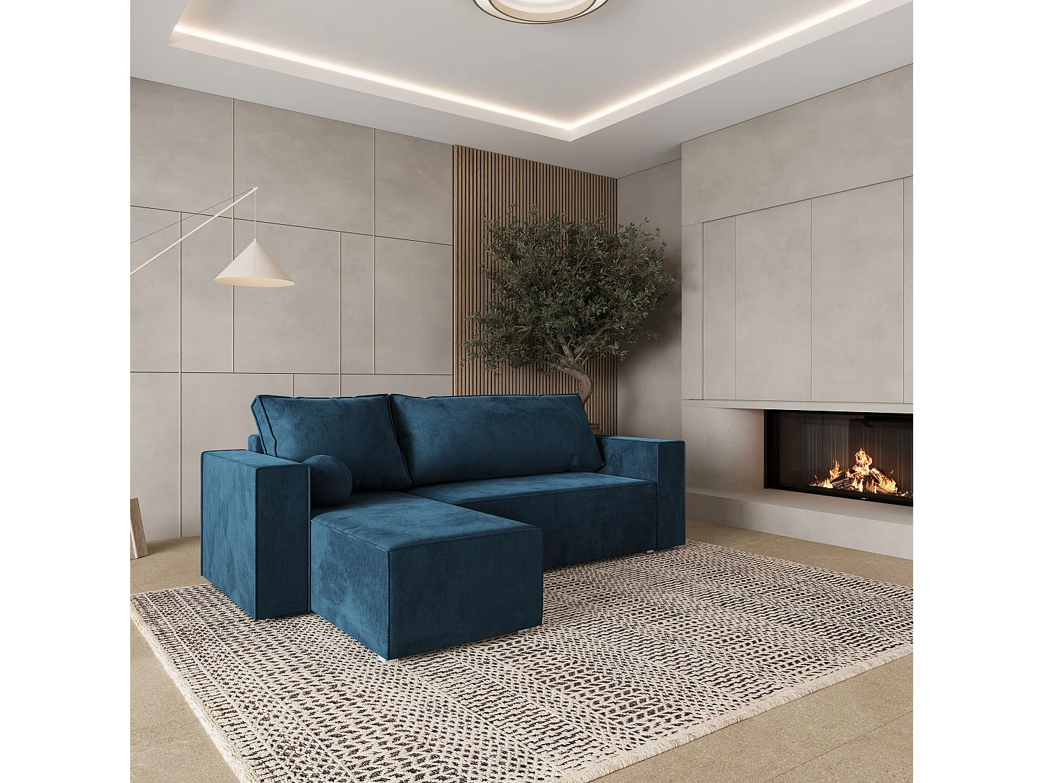 Canapé d'angle RAVELO Bleu en velours avec fonction de couchage