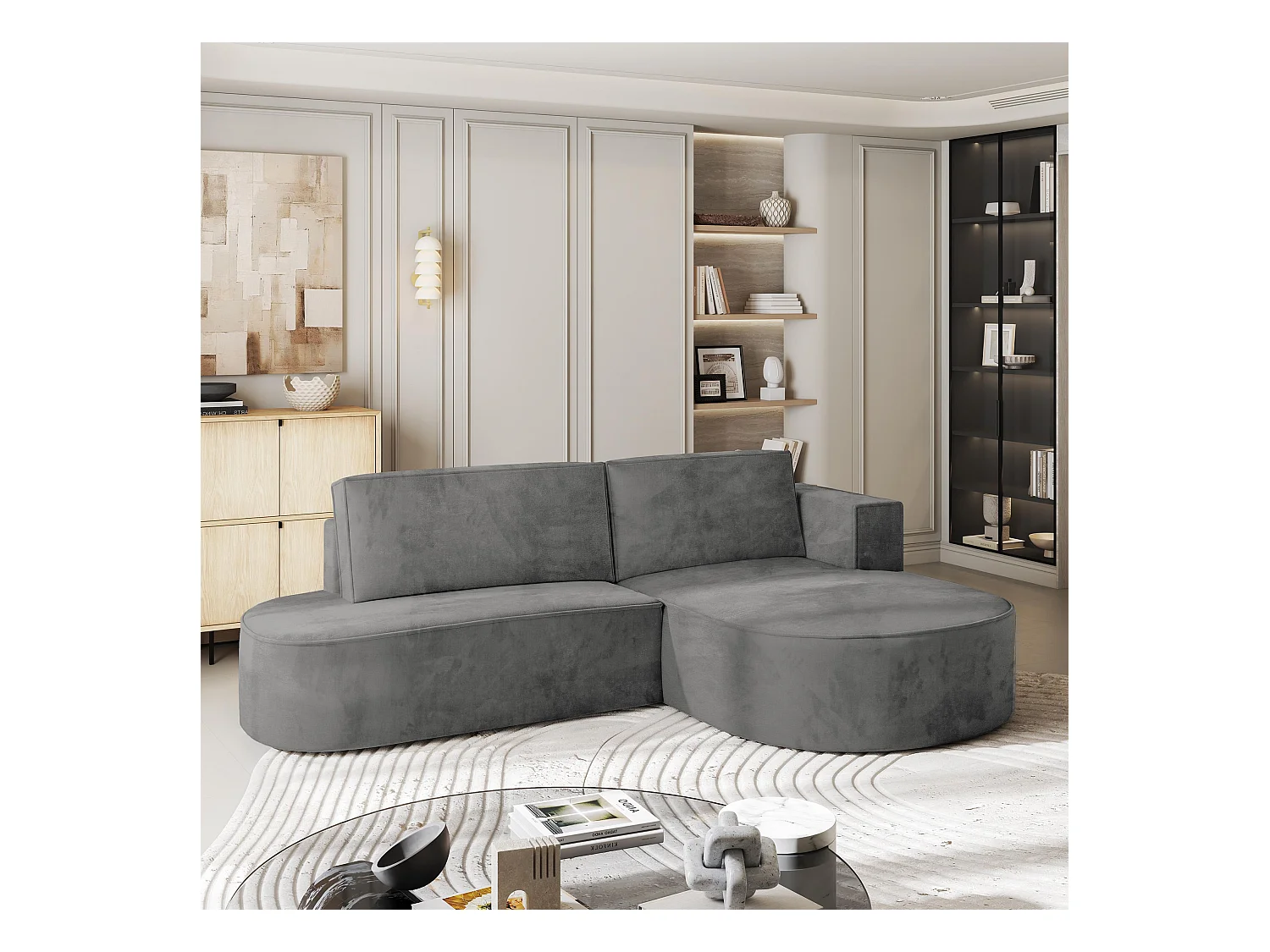 Canapé d'angle CORTIO Gris en velours avec fonction de couchage