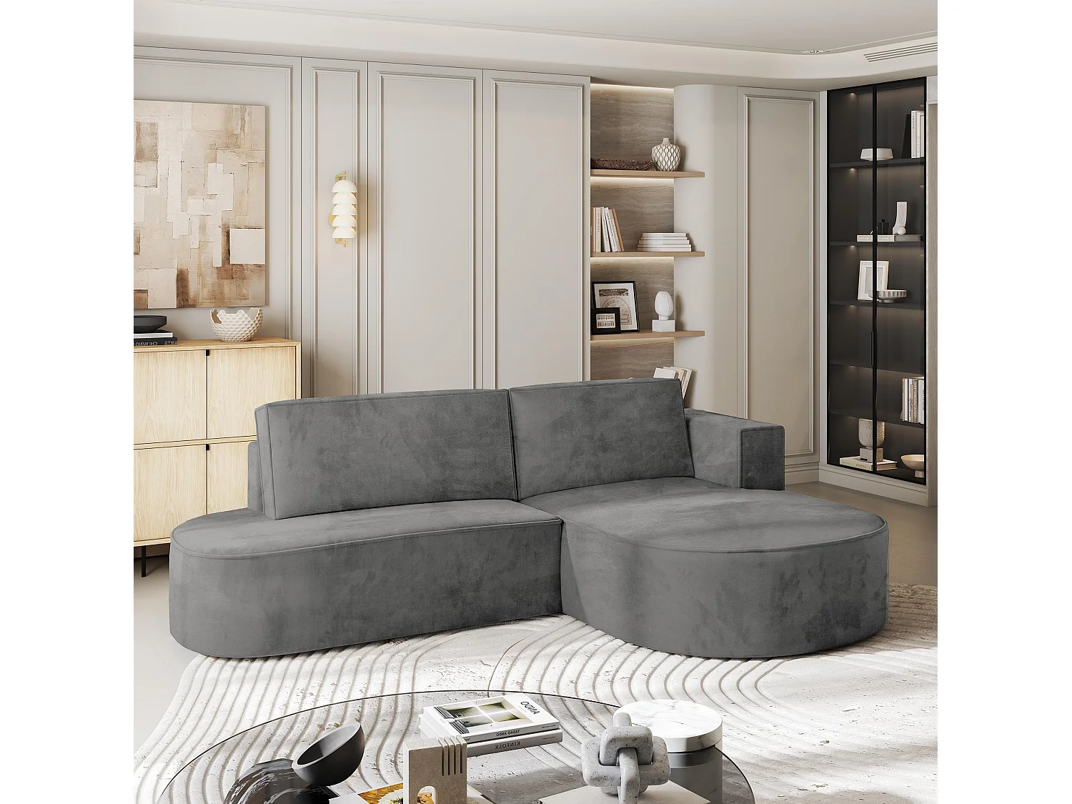 Canapé d'angle CORTIO Gris en velours avec fonction de couchage