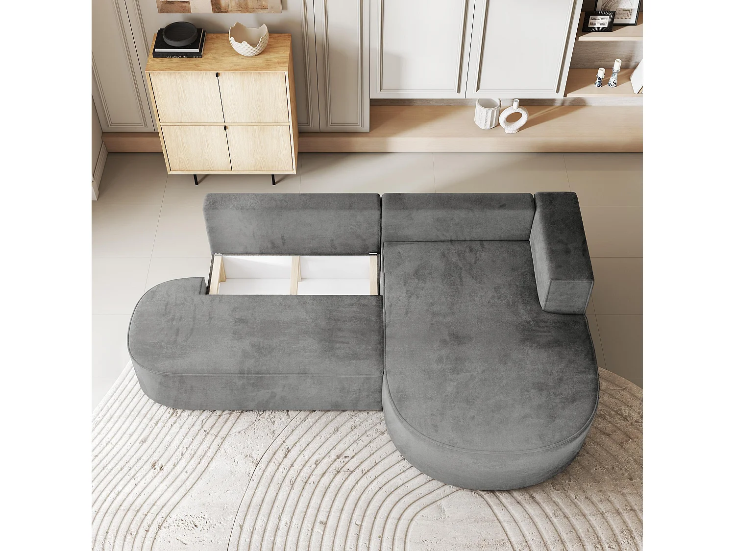 Canapé d'angle CORTIO Gris en velours avec fonction de couchage