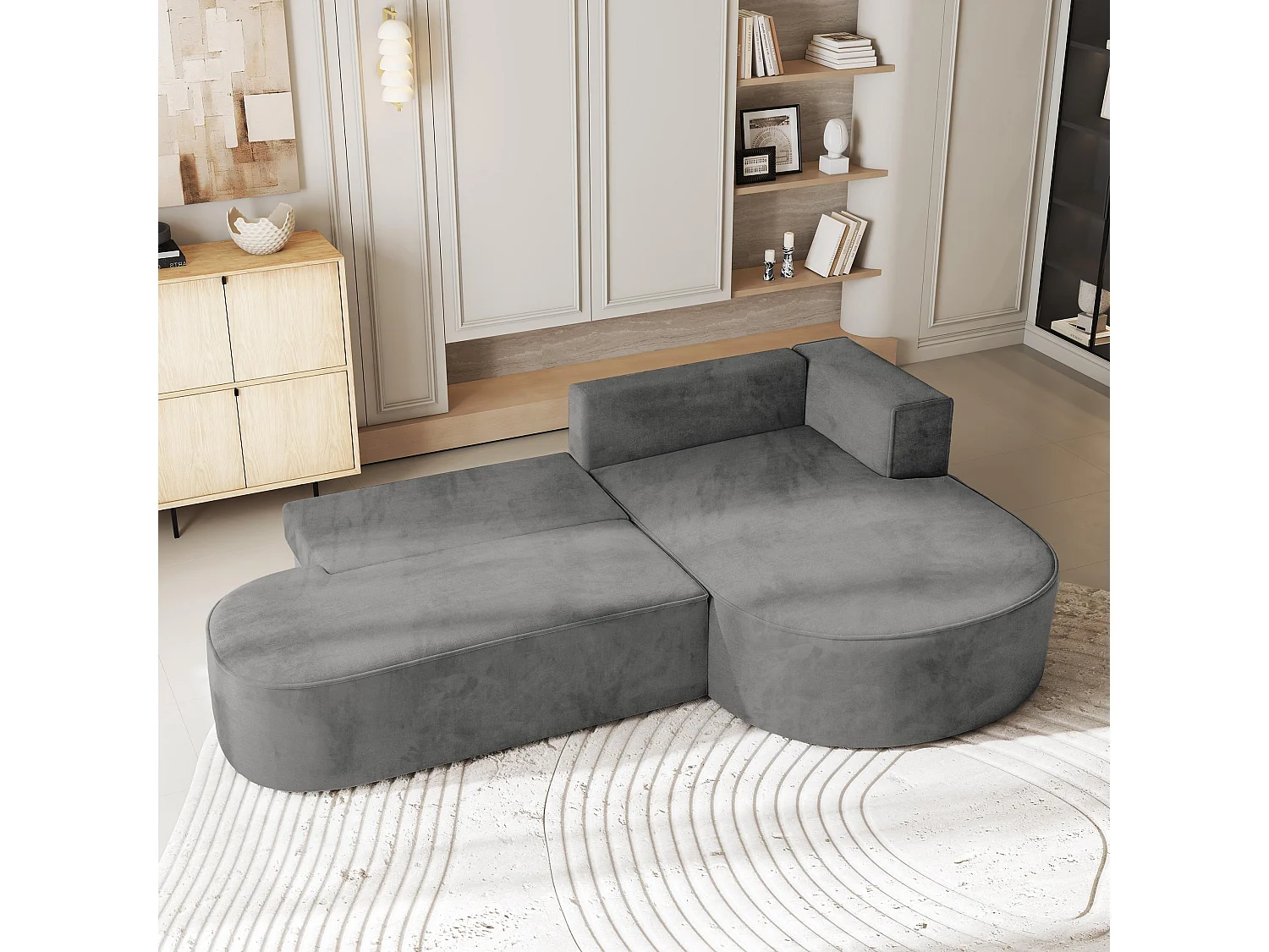 Canapé d'angle CORTIO Gris en velours avec fonction de couchage