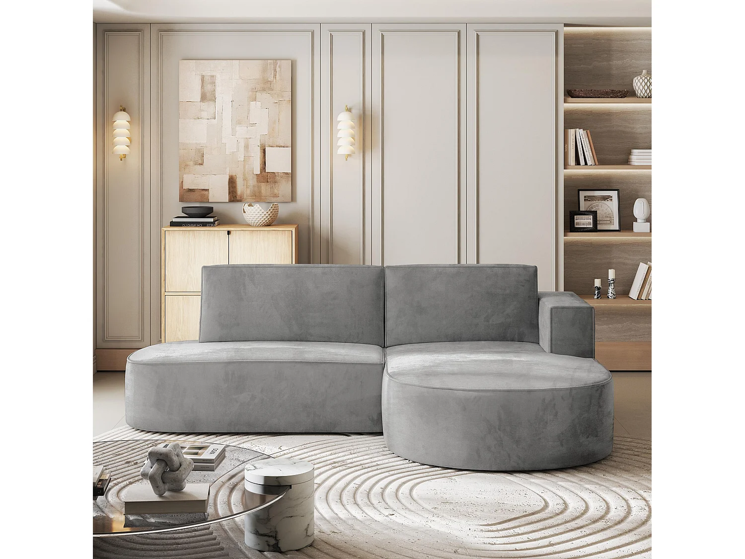 Canapé d'angle CORTIO Gris en velours avec fonction de couchage