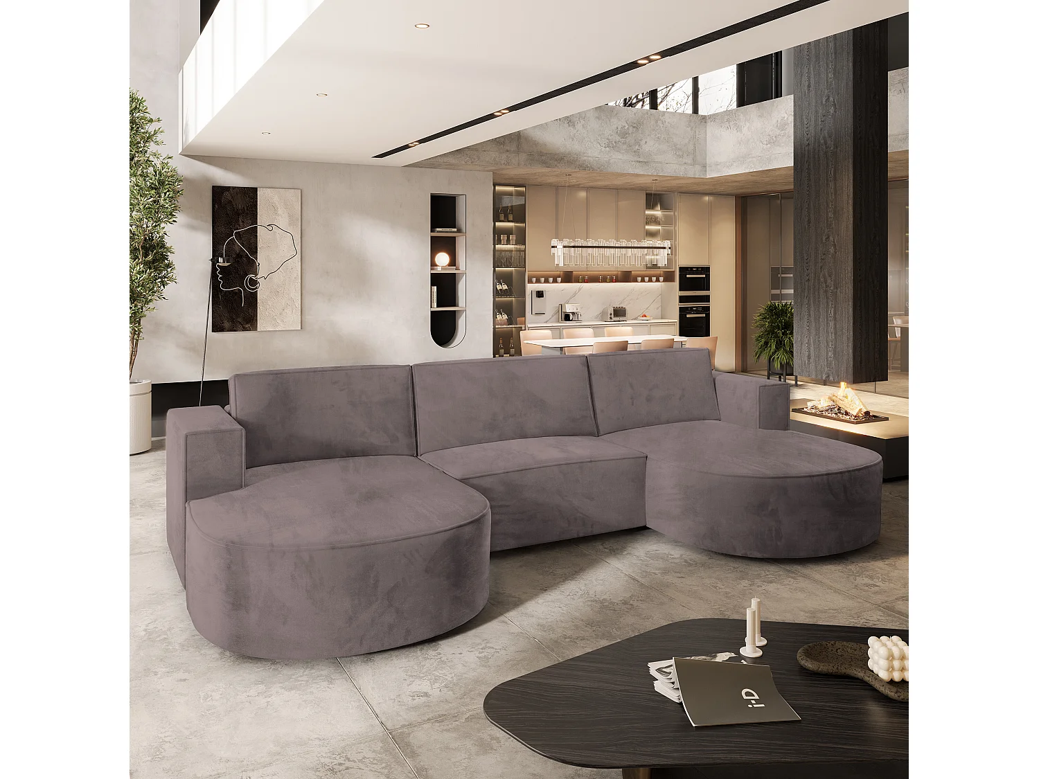 Canapé d'angle VEZZO Parme en velours avec fonction de couchage