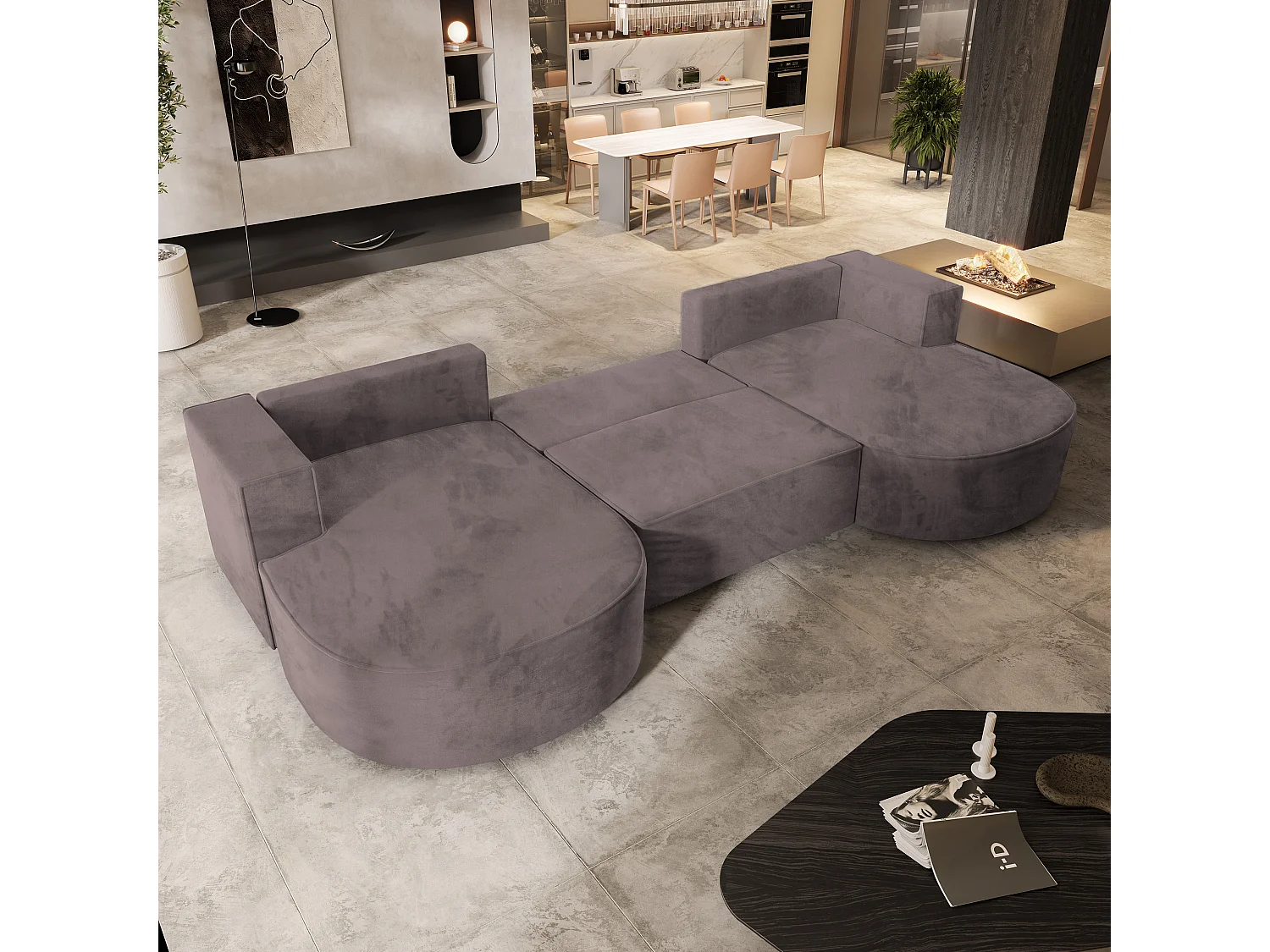 Canapé d'angle VEZZO Parme en velours avec fonction de couchage