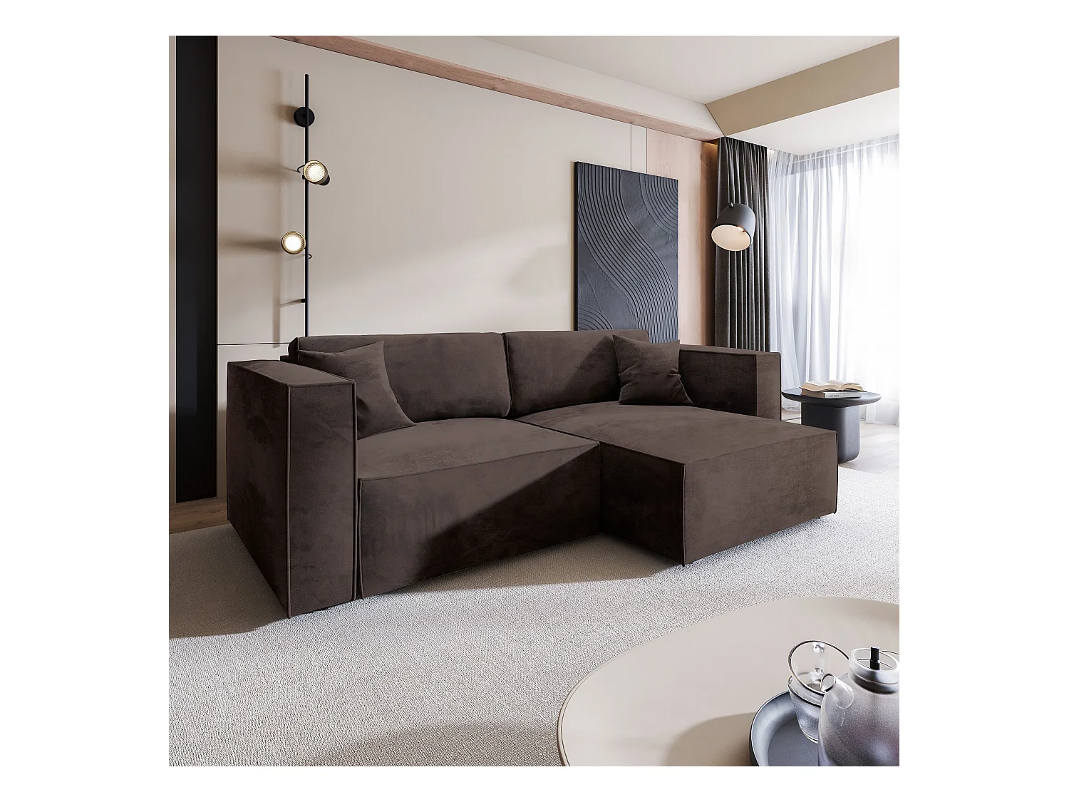 Canapé d'angle NERIO Marron en velours avec fonction de couchage