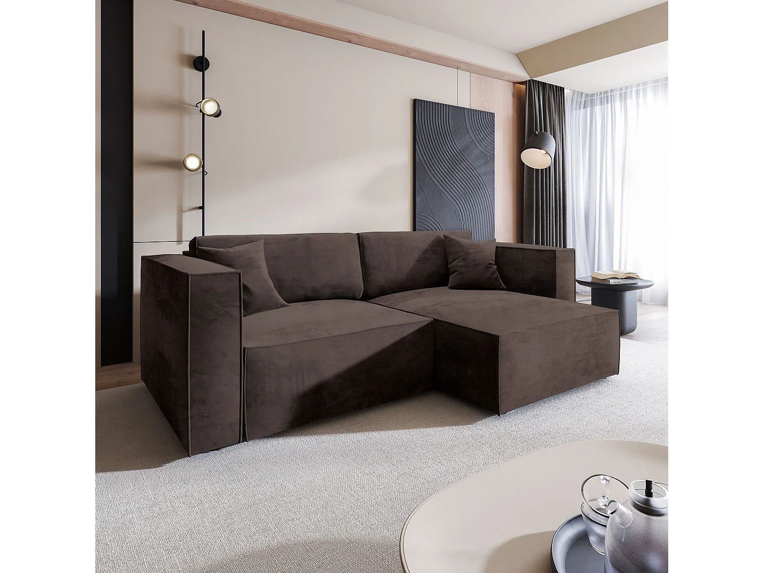 Canapé d'angle NERIO Marron en velours avec fonction de couchage