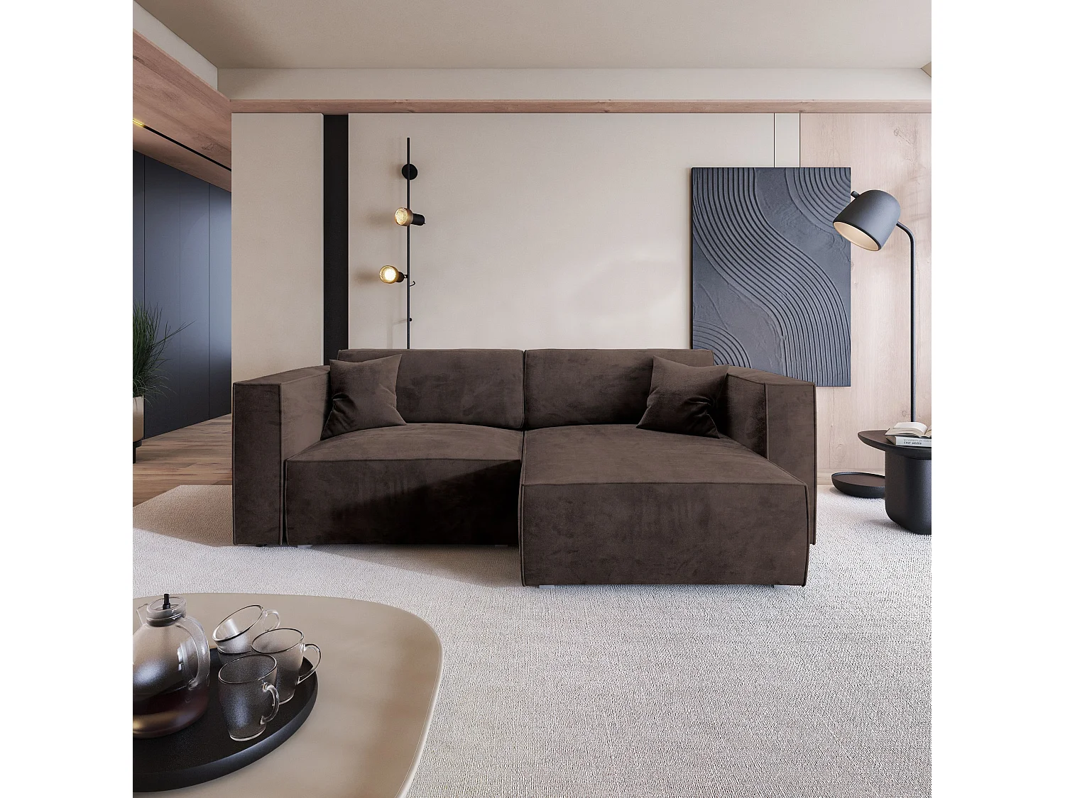 Canapé d'angle NERIO Marron en velours avec fonction de couchage