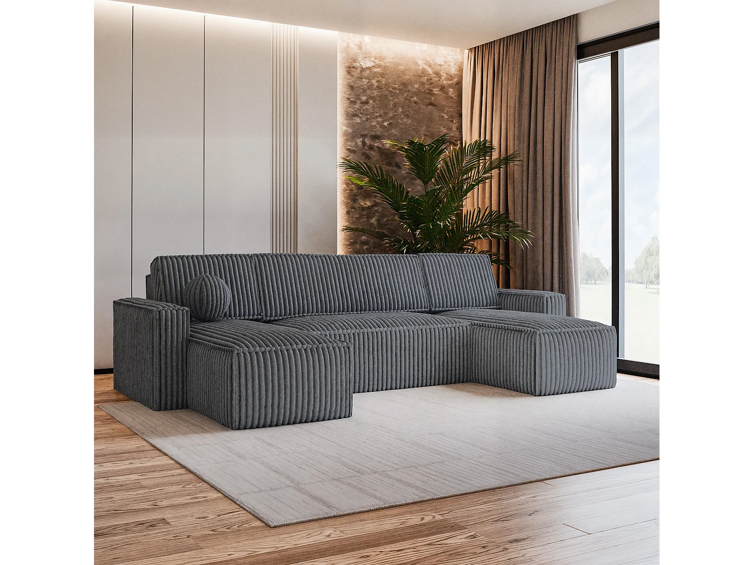 Canapé d'angle PESANO Gris anthracite en velours côtelé avec fonction de couchage