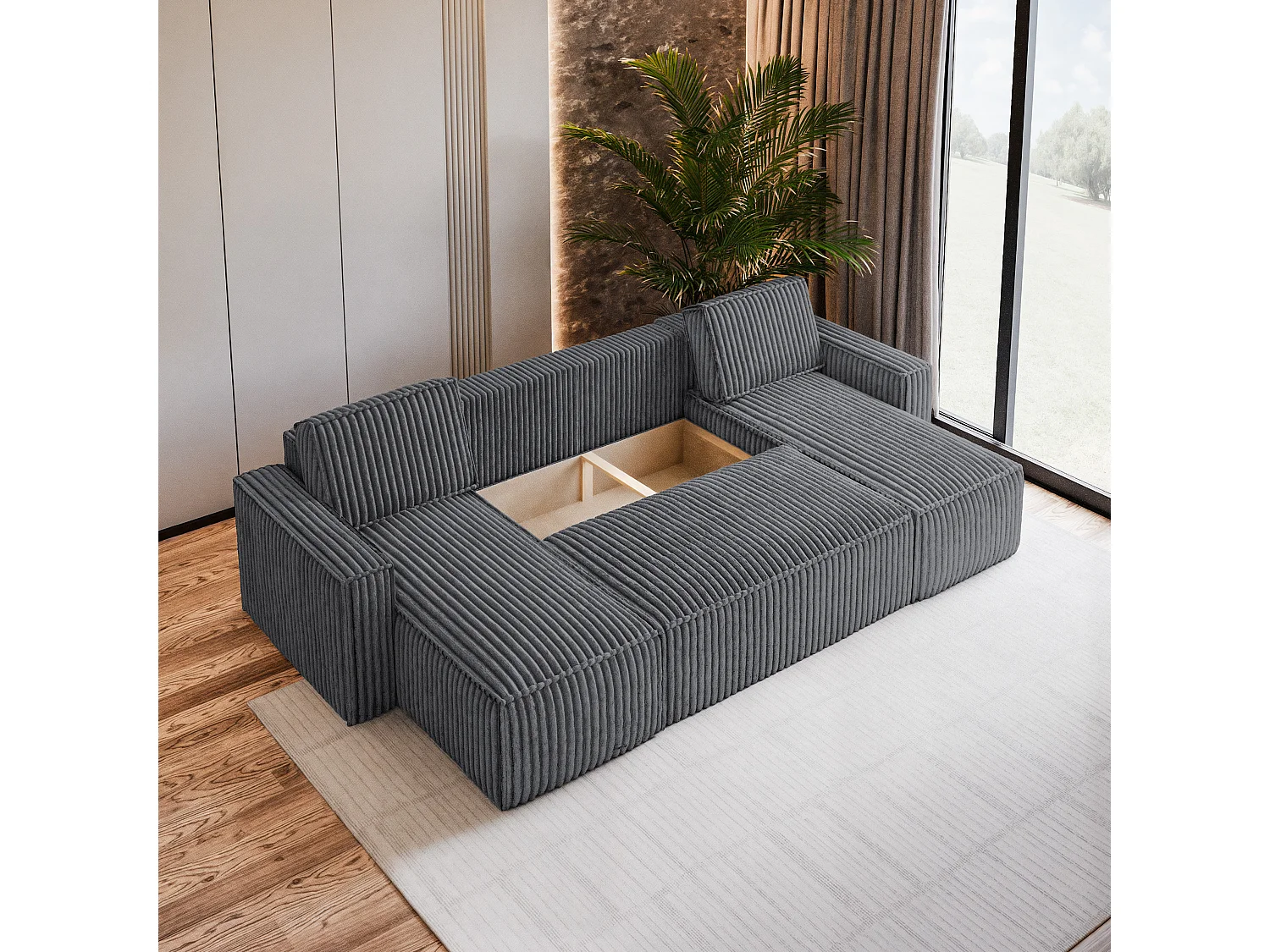 Canapé d'angle PESANO Gris anthracite en velours côtelé avec fonction de couchage